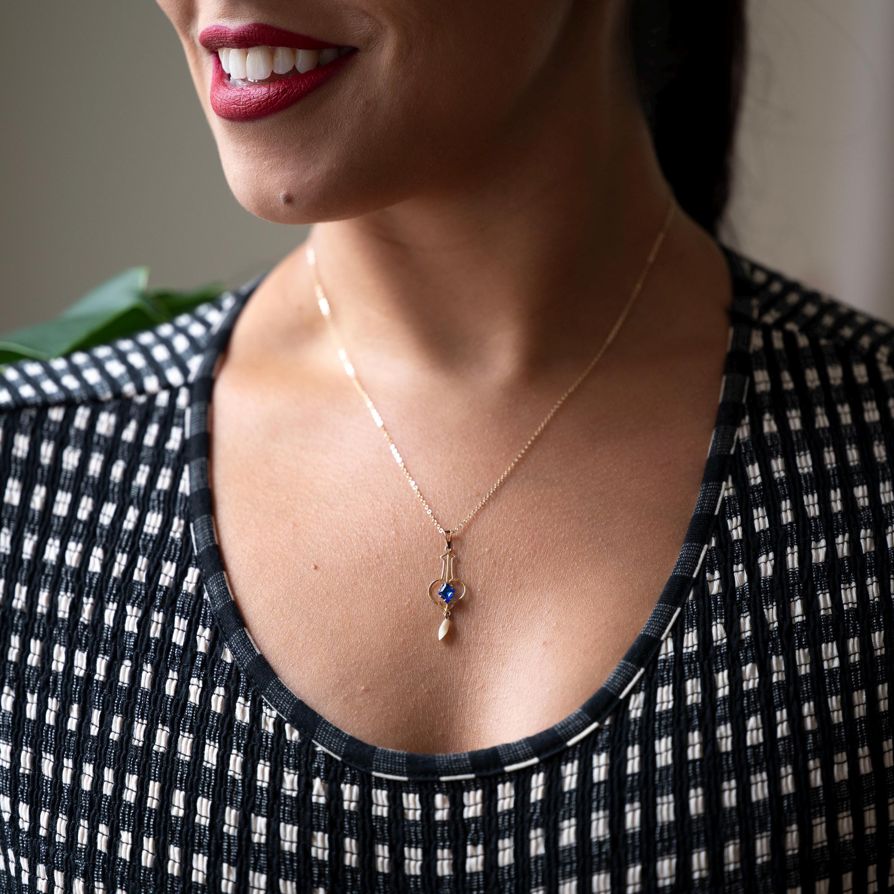 Antique Lavalier Necklace - Edwardian 10k Yellow Gold Baroque Pearl Pendant - Circa 1910s Era Simulated Blue Sapphire Glass Fine Jewelry