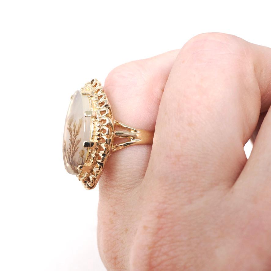 Moss Agate Ring - Retro 14k Yellow Gold Marquise Natural Chalcedony Navette Nature Statement - Vintage Circa 1970s Size 4 1/2 Fine Jewelry