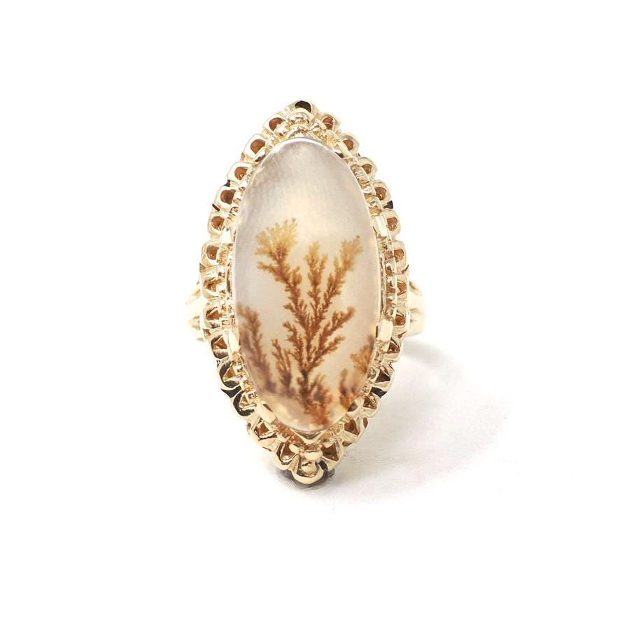 Moss Agate Ring - Retro 14k Yellow Gold Marquise Natural Chalcedony Navette Nature Statement - Vintage Circa 1970s Size 4 1/2 Fine Jewelry