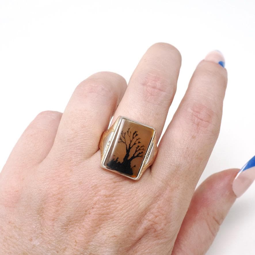 Vintage Chalcedony Ring - Mid Century Era 10k Yellow 14k White Gold Unisex Gemstone Signet - Circa 1940s Size 9 Two Tone Tree Fine Jewelry