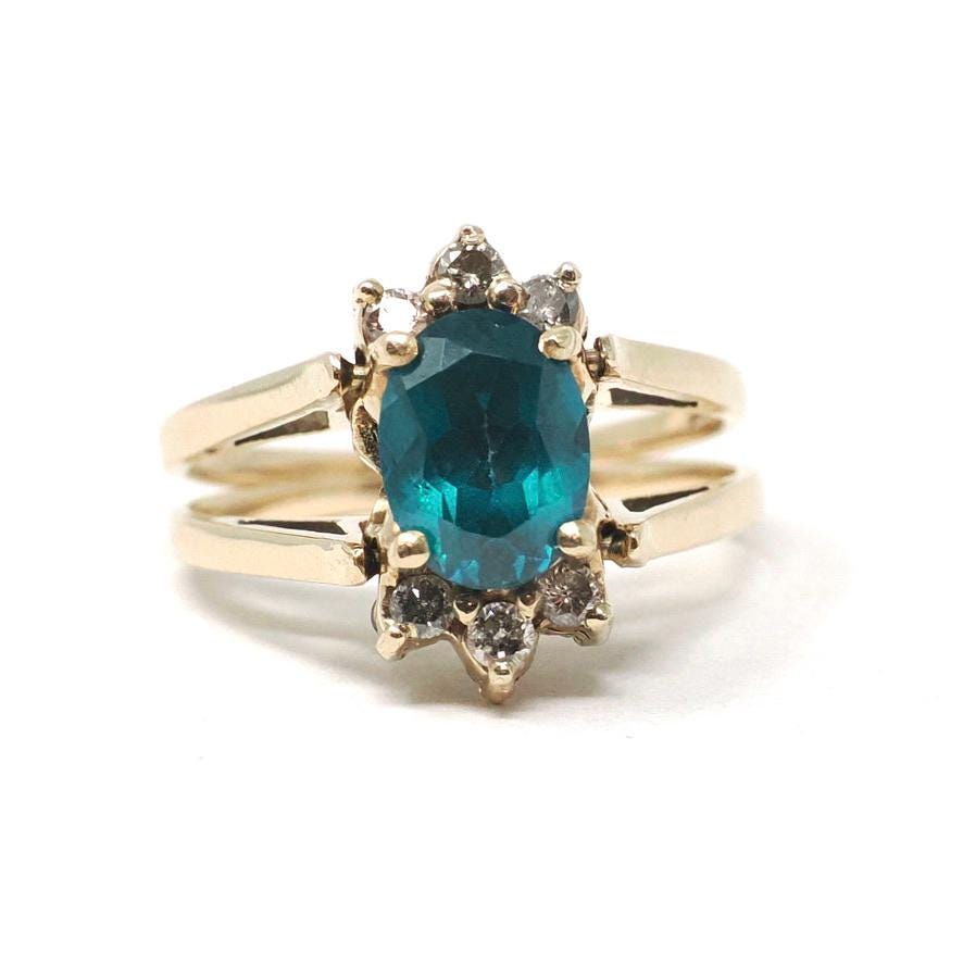 Reversible Flip Ring - Estate 14k Yellow Gold Natural Diamond Green Topaz Double Sided Statement - Circa 2000's Size 7 Cluster Fine Jewelry