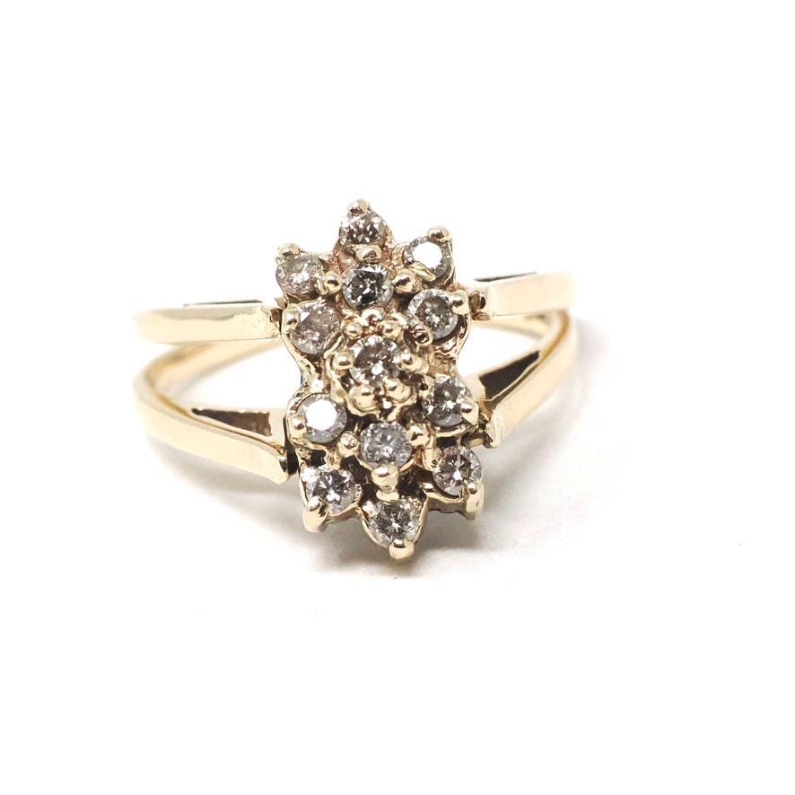 Reversible Flip Ring - Estate 14k Yellow Gold Natural Diamond Green Topaz Double Sided Statement - Circa 2000's Size 7 Cluster Fine Jewelry