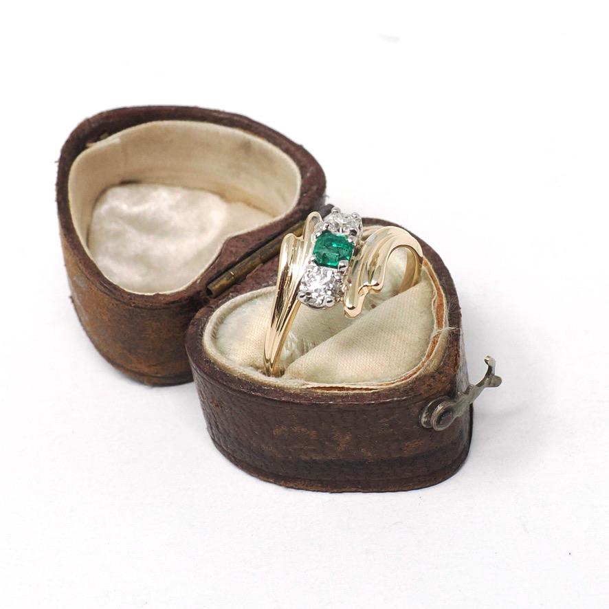 Vintage Bypass Ring - Mid Century 14k Yellow & White Gold Natural Emerald .42 CTW Diamonds - Circa 1950s Size 9 May Birthstone Fine Jewelry