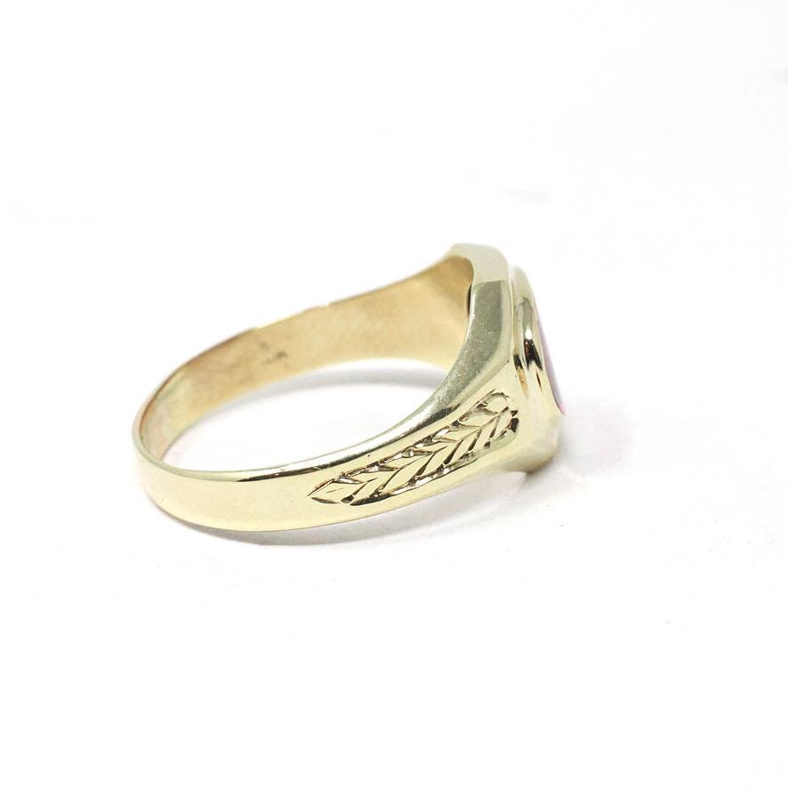 Art Deco Ring - Vintage 10k Yellow Gold Bezel Set Created Red Ruby Gemstone - Circa 1930s Size 10 July Birthstone Fine Statement Jewelry