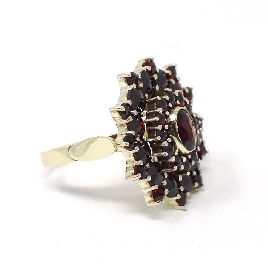 Vintage Garnet Ring - Mid Century 14k Yellow Gold & Silver Natural Dark Red Gemstone Cluster Statement - Circa 1940s Era Size 6 Fine Jewelry
