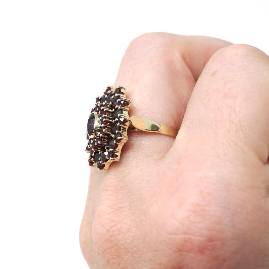 Vintage Garnet Ring - Mid Century 14k Yellow Gold & Silver Natural Dark Red Gemstone Cluster Statement - Circa 1940s Era Size 6 Fine Jewelry