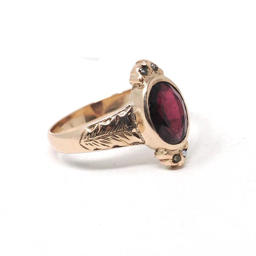 Victorian Garnet Ring - Antique 10k Rose Gold Natural Oval Red 1.87 CT Gemstone Seed Pearls - Vintage Late 1800s Size 8 Leaf Fine Jewelry