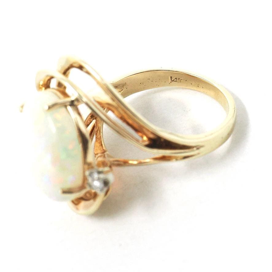 Vintage Opal & Diamond Ring - Estate 14k Yellow Gold Created Gemstone Bypass .12 CTW - Modern Circa 1980s Size 6 3/4 Fine October Jewelry