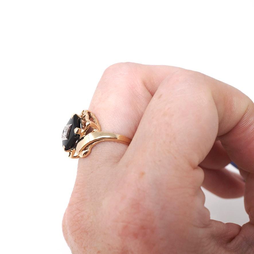Vintage Onyx Ring - Retro 10k Yellow Gold Natural Black Chalcedony & .10 CT Diamond Bypass - Circa 1960s Era Size 5.5 Statement Fine Jewelry
