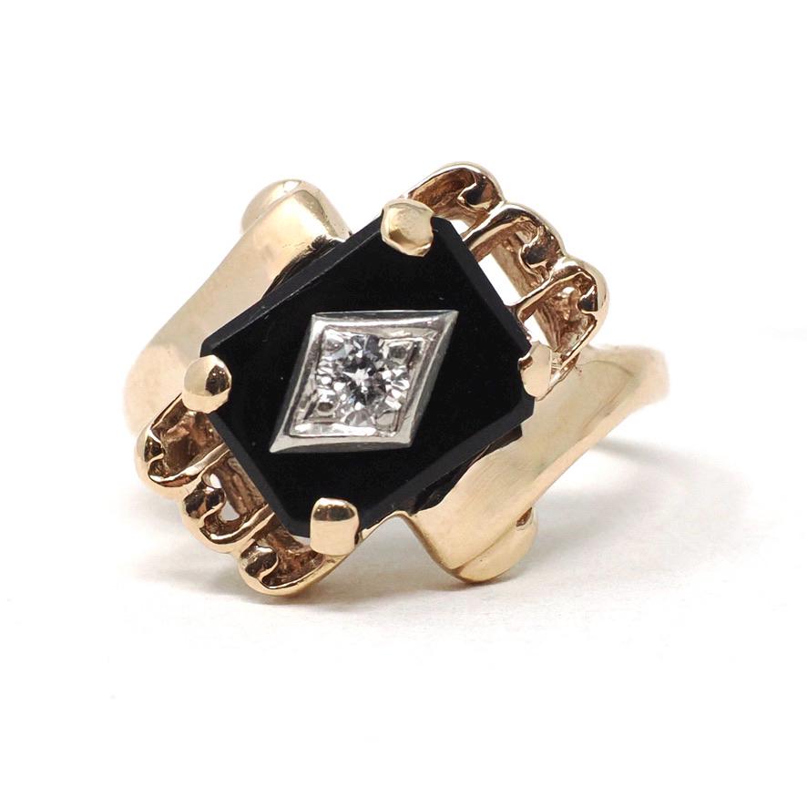 Vintage Onyx Ring - Retro 10k Yellow Gold Natural Black Chalcedony & .10 CT Diamond Bypass - Circa 1960s Era Size 5.5 Statement Fine Jewelry