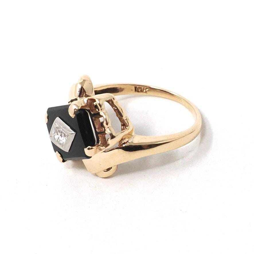 Vintage Onyx Ring - Retro 10k Yellow Gold Natural Black Chalcedony & .10 CT Diamond Bypass - Circa 1960s Era Size 5.5 Statement Fine Jewelry
