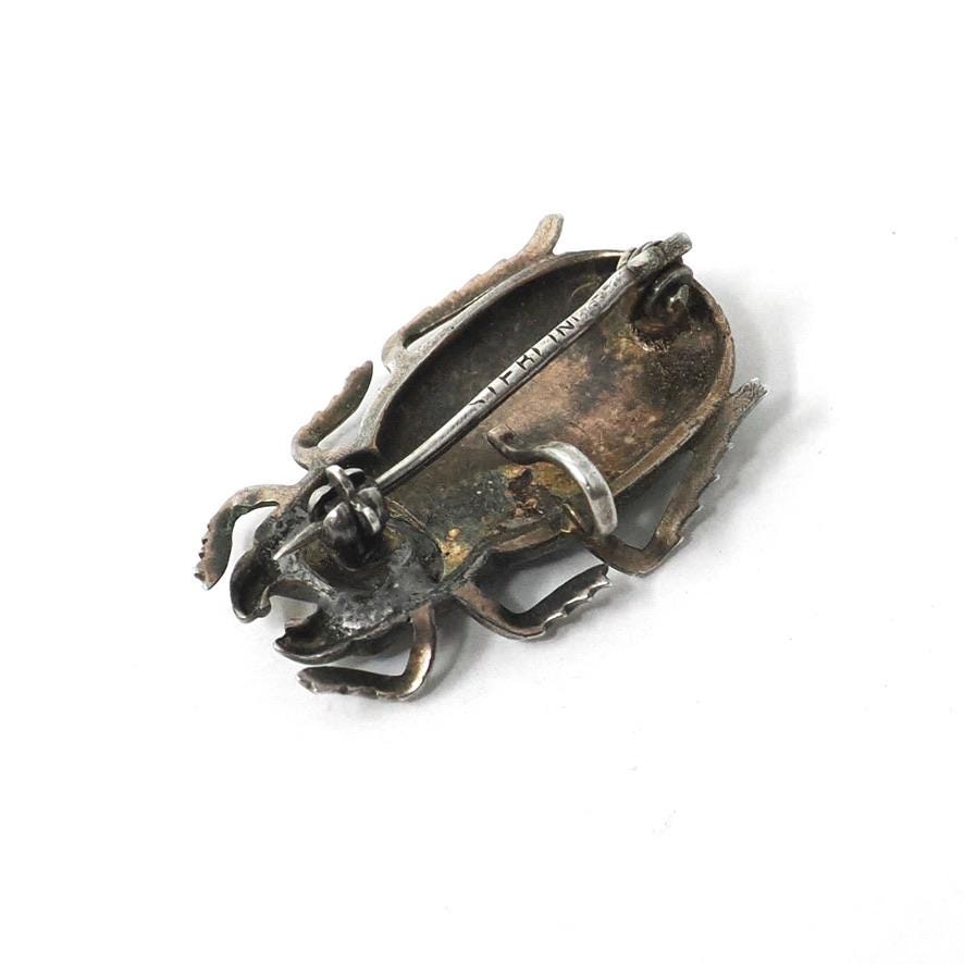 Antique Beetle Brooch - Art Deco Era Sterling Silver Turquoise Blue Guilloche Enamel Bug Pin - Circa 1920s Egyptian Revival Fashion Jewelry