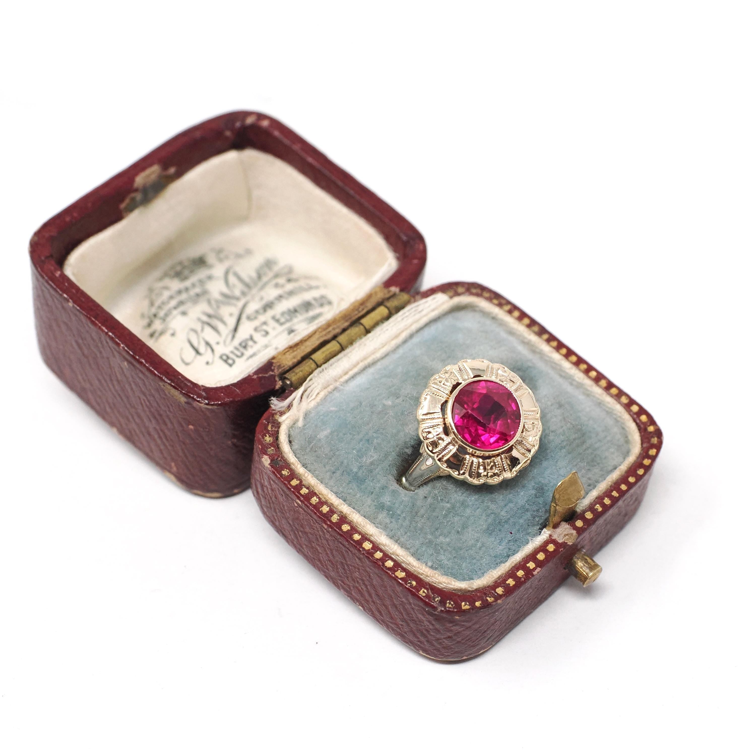 Vintage Created Ruby Ring - Retro 14k Yellow White Gold Round Target Statement - Circa 1940s Era Size 5 1/4 July Birthstone Fine Jewelry