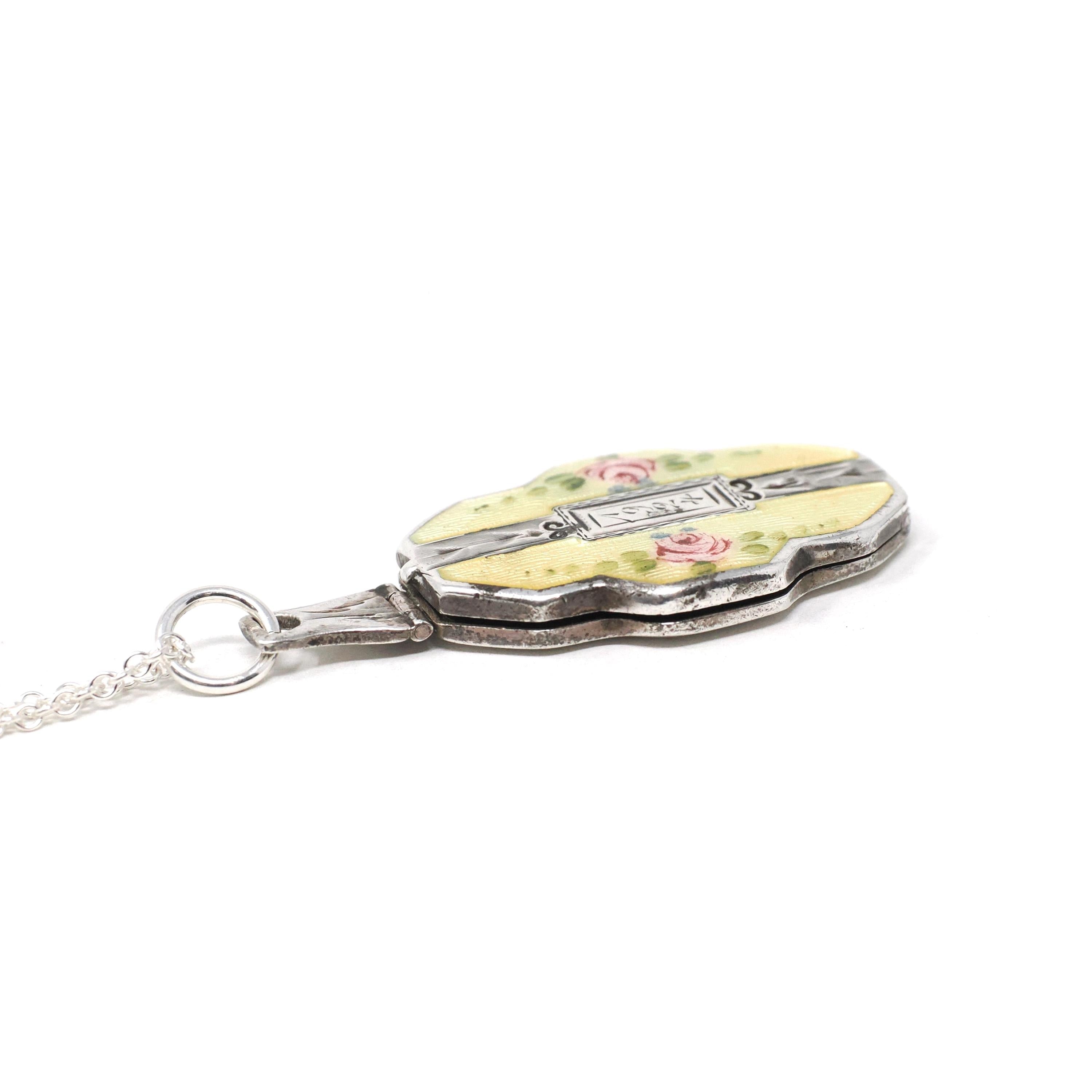 Antique Flower Locket - Art Deco Sterling Silver Yellow Guilloche Enamel Necklace Pendant - Dated 1924 Engraved "Mina" Keepsake Jewelry