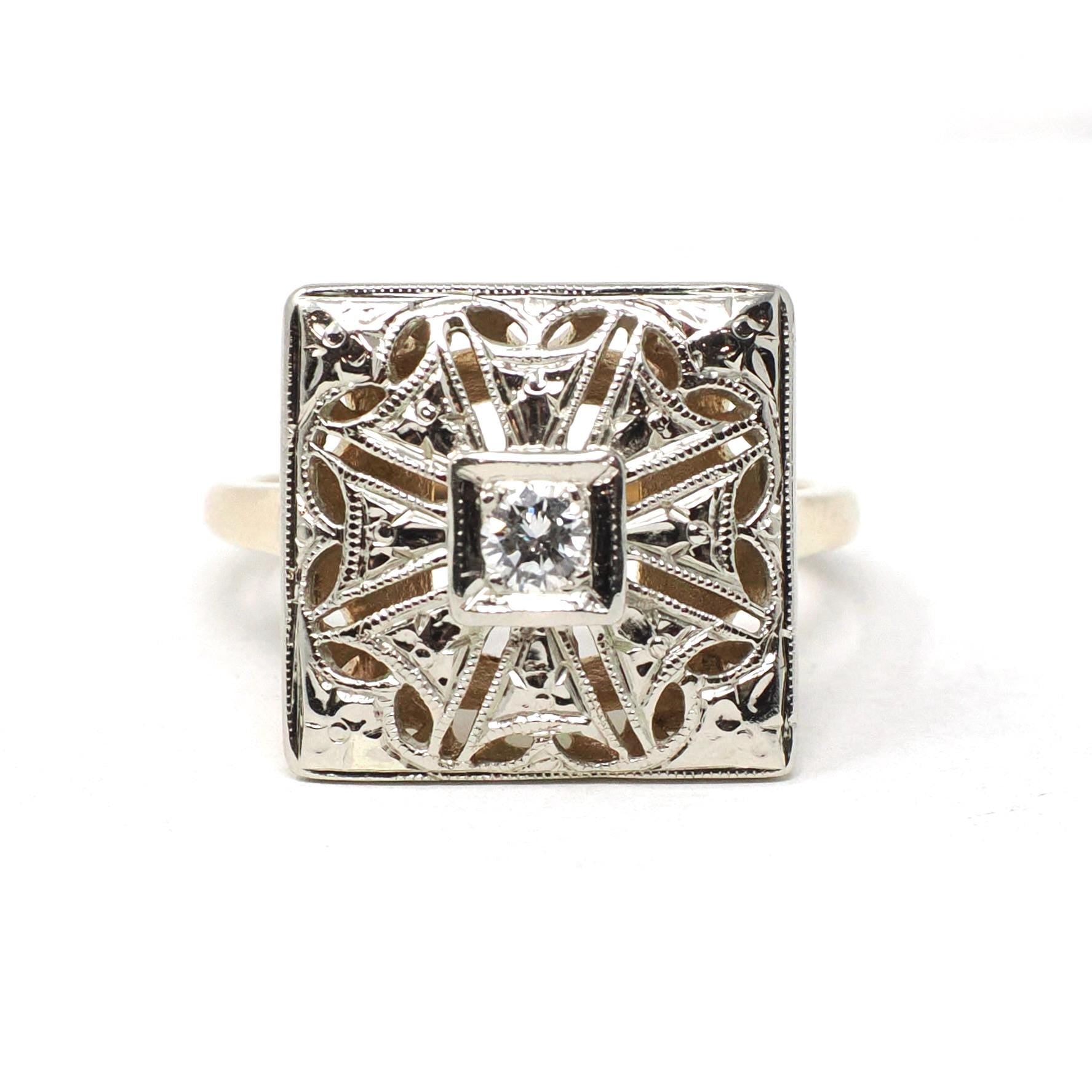 Vintage Shield Ring - Mid Century 14K Yellow & White Gold Natural .12 CT Diamond - Circa 1950s Era Size 6 3/4 Illusion Style Fine Jewelry