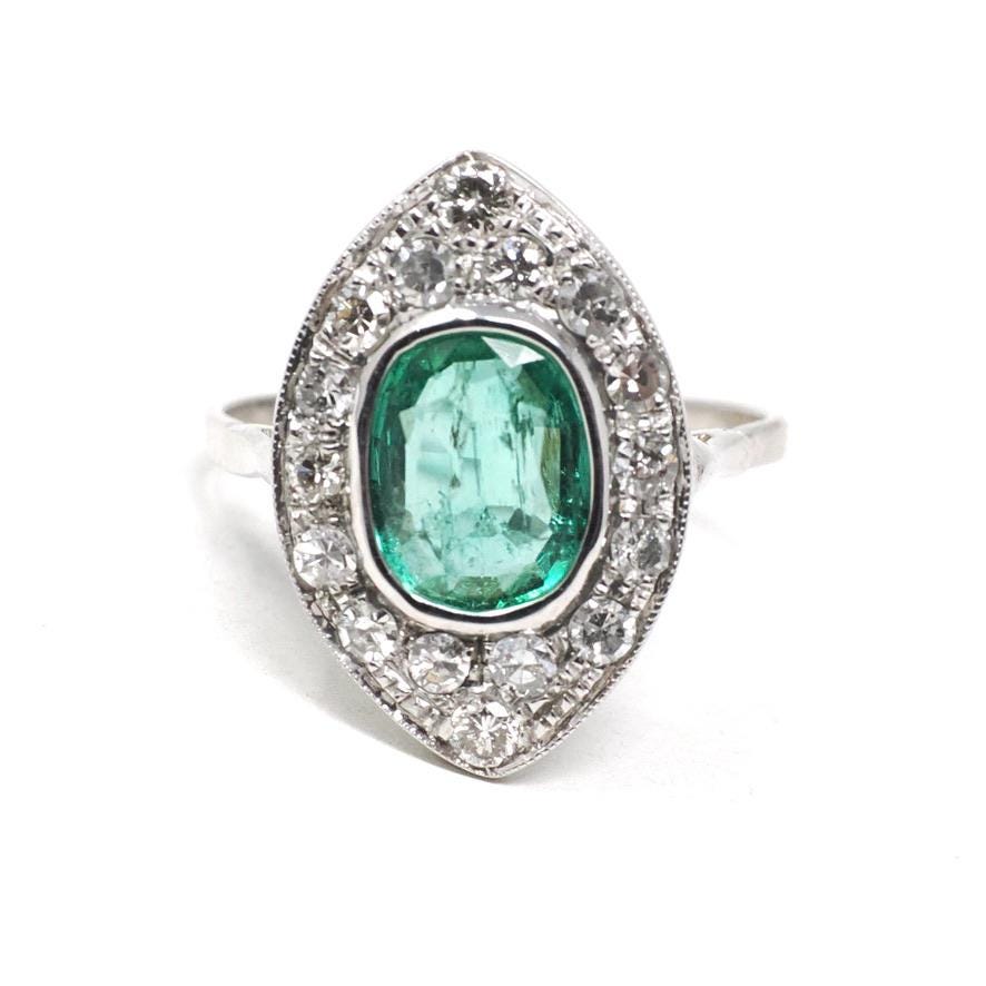 Art Deco Emerald Ring - Antique 18k White Gold Handmade Natural Green Gem Diamonds Shield Engagement - Circa 1920s Size 8 Halo Fine Jewelry