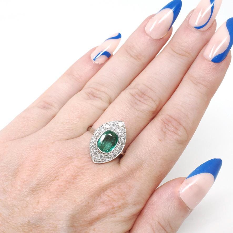Art Deco Emerald Ring - Antique 18k White Gold Handmade Natural Green Gem Diamonds Shield Engagement - Circa 1920s Size 8 Halo Fine Jewelry