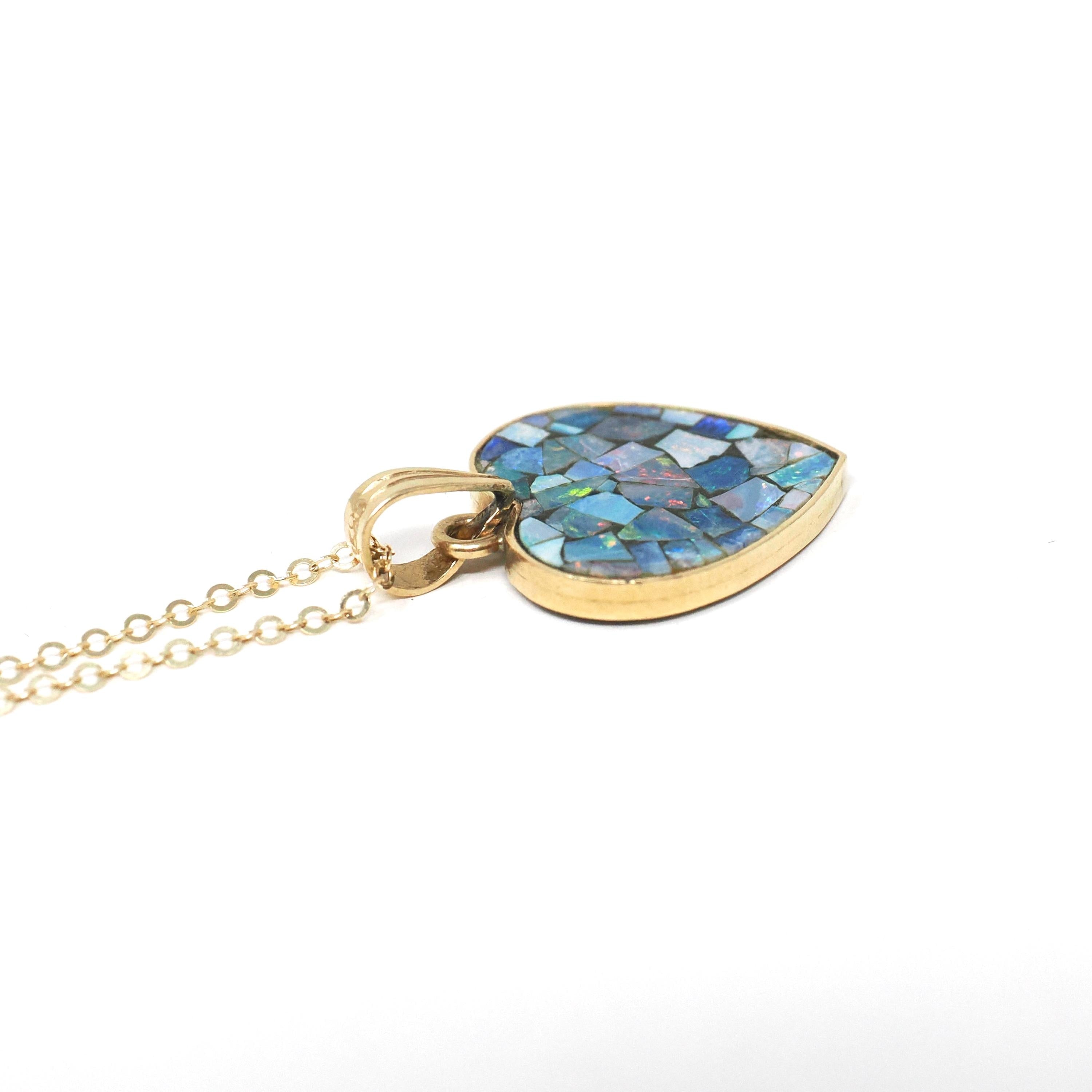 Opal Mosaic Necklace - Modern 14k Yellow Gold Blue Gemstone Pendant Charm - Estate Opal Doublet Statement October Birthstone Fine Jewelry