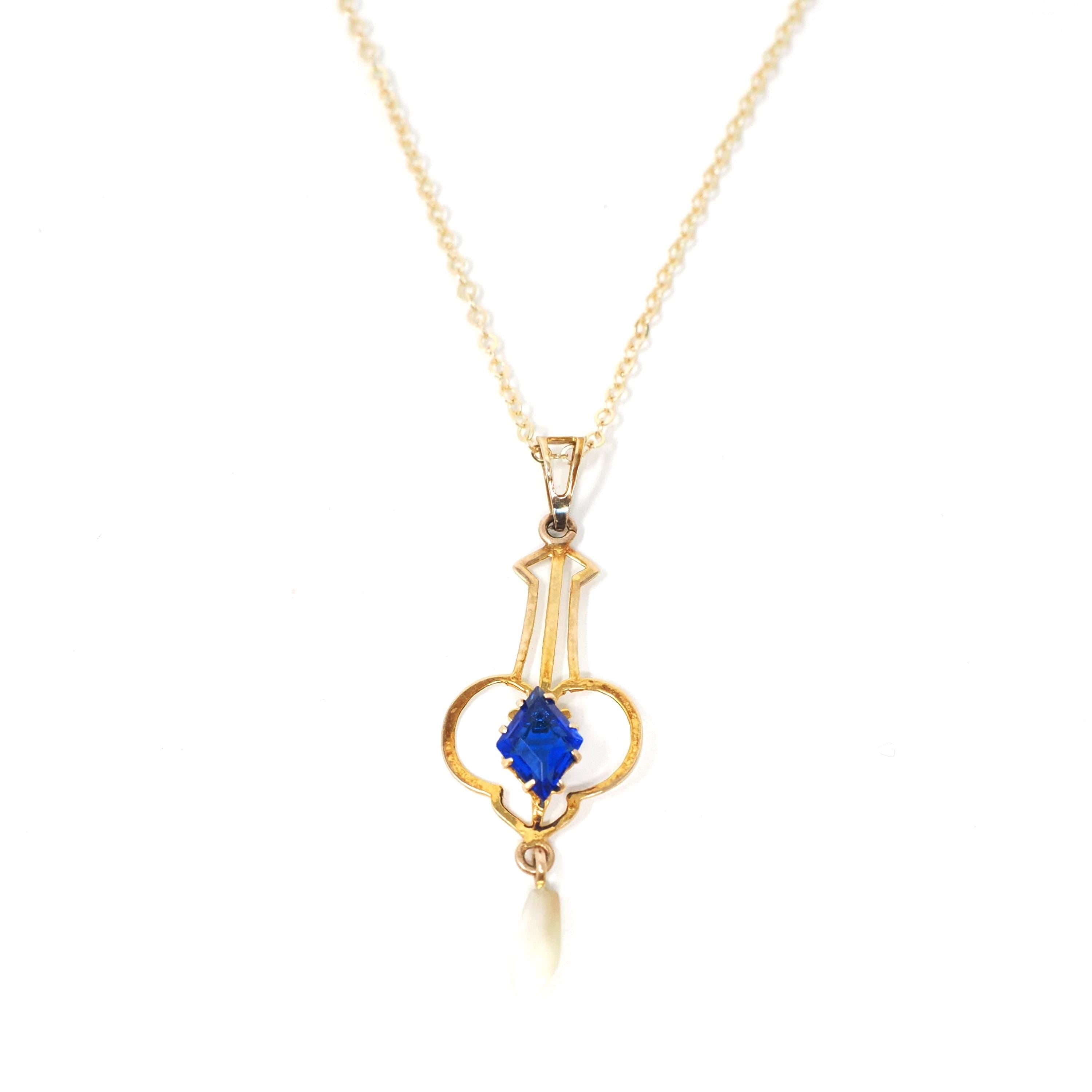 Antique Lavalier Necklace - Edwardian 10k Yellow Gold Baroque Pearl Pendant - Circa 1910s Era Simulated Blue Sapphire Glass Fine Jewelry