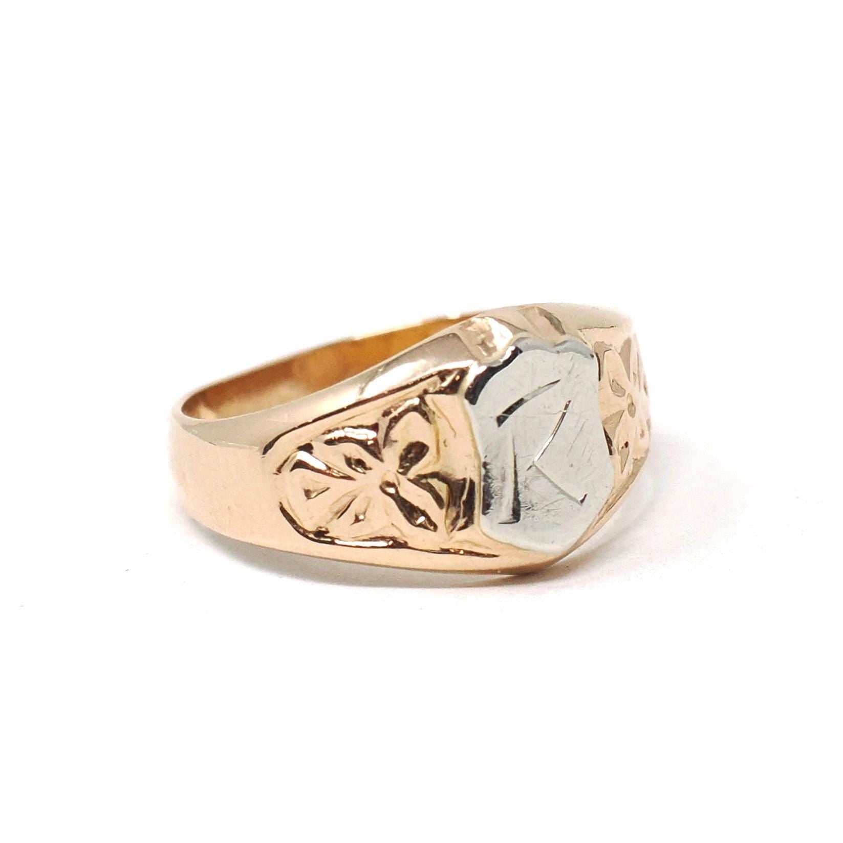 Vintage "R" Signet Ring - Estate 18k Yellow & White Gold Two Tone Shield Floral Midi Pinky - Modern Circa 1990s Size 2 Initial Fine Jewelry