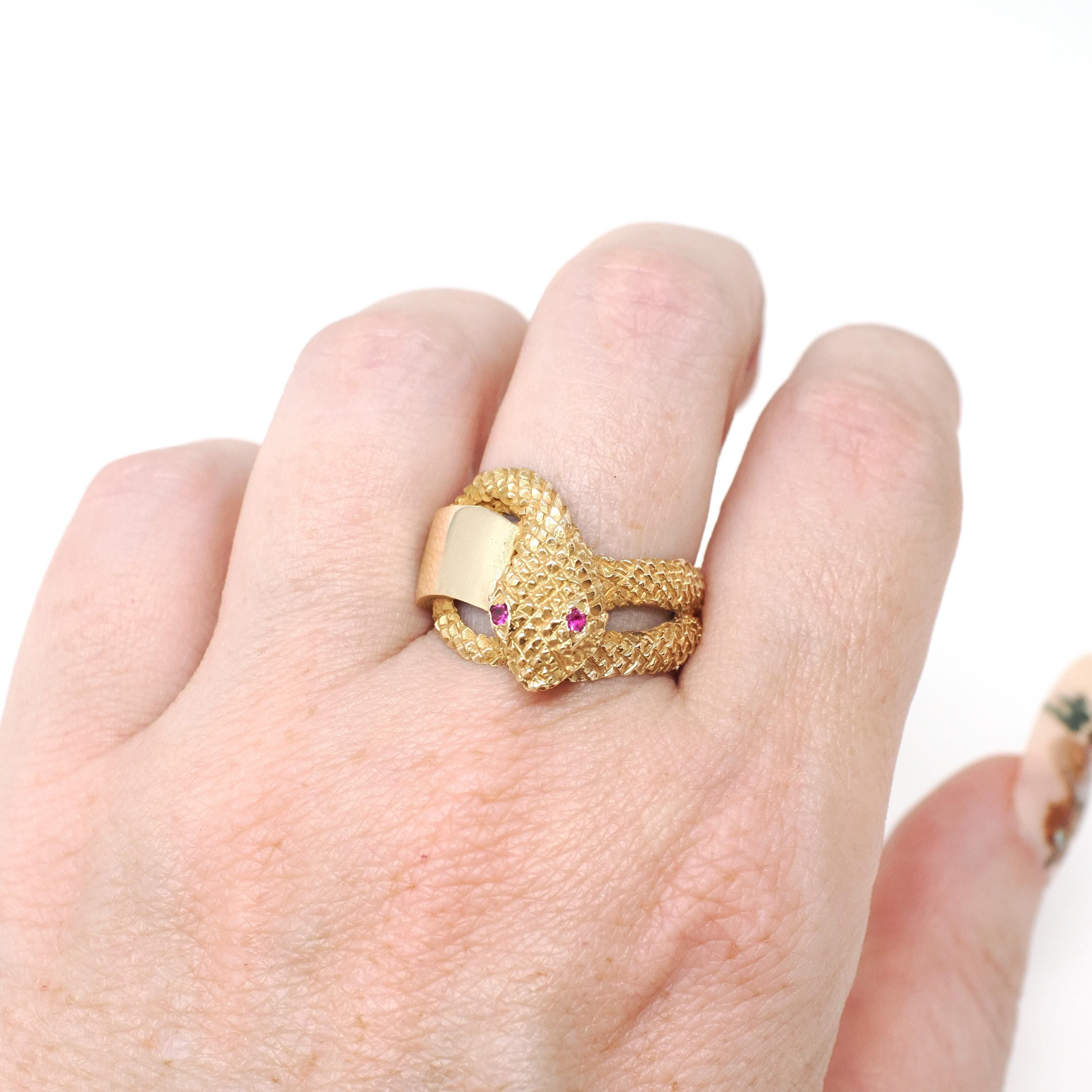 Vintage Snake Ring - Retro 10k Yellow Gold Serpent Scales Wrap Band Created Ruby Blank Signet - Circa 1970s Size 8 Engravable Fine Jewelry