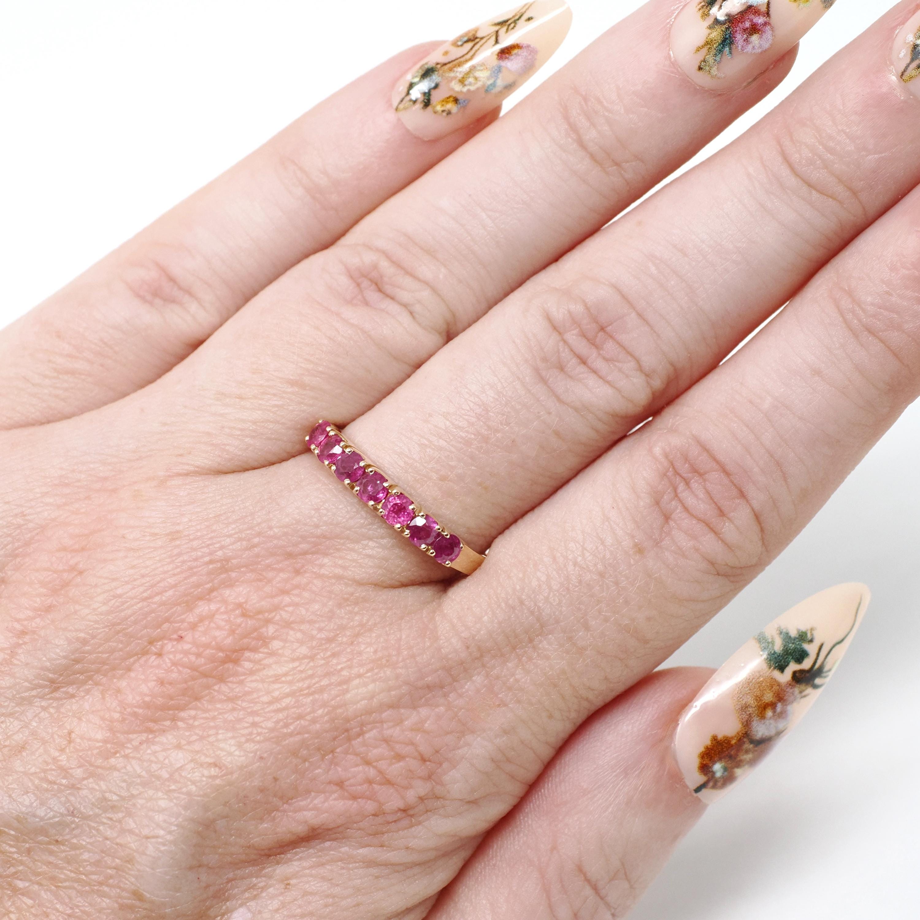 Modern Ruby Band - Estate 14k Yellow Gold Round Faceted Gems Stacking Ring - Vintage Circa 1990's Era Size 7 3/4 July Birthstone Jewelry
