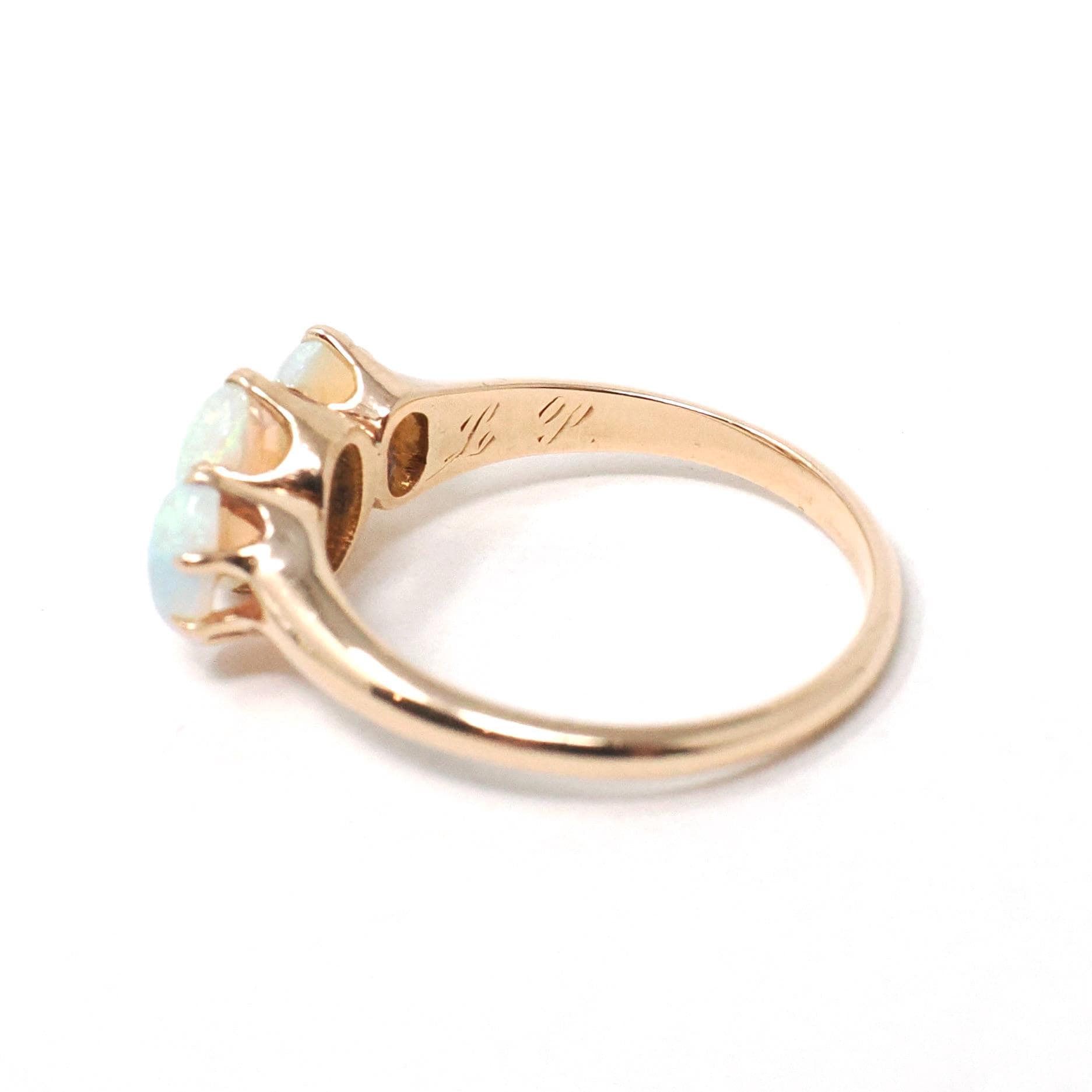 Antique Opal Ring - Edwardian 10k Rosy Yellow Gold Natural Three Cabochon Cut Stones - Circa 1900s Era Size 5 3/4 Fine Statement Jewelry