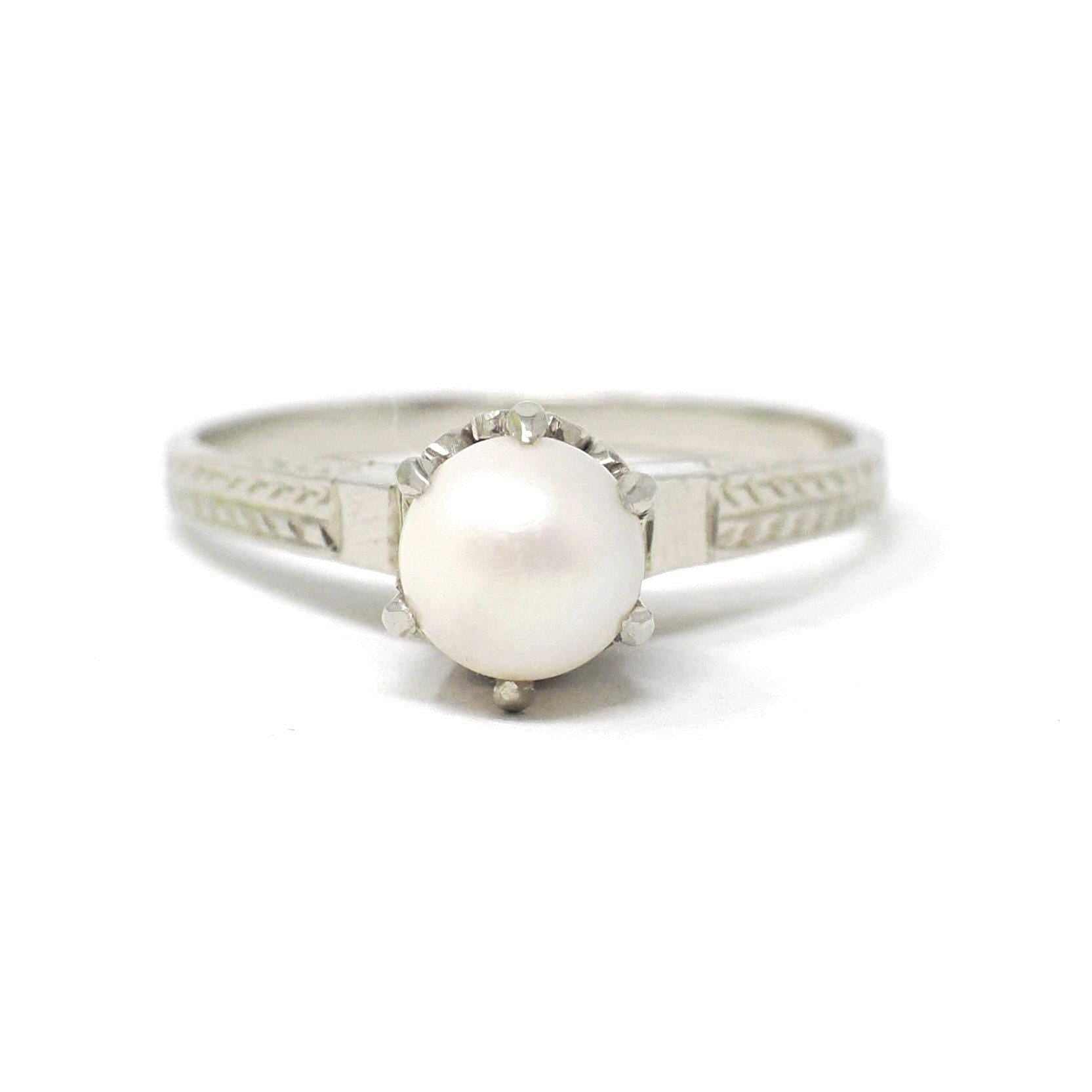 Cultured Pearl Ring - Art Deco 14k White Gold Basket Wheat Designs - Vintage Circa 1930s Size 4 3/4 Solitaire June Birthstone Fine Jewelry