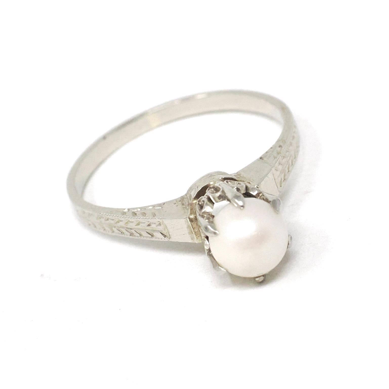 Cultured Pearl Ring - Art Deco 14k White Gold Basket Wheat Designs - Vintage Circa 1930s Size 4 3/4 Solitaire June Birthstone Fine Jewelry