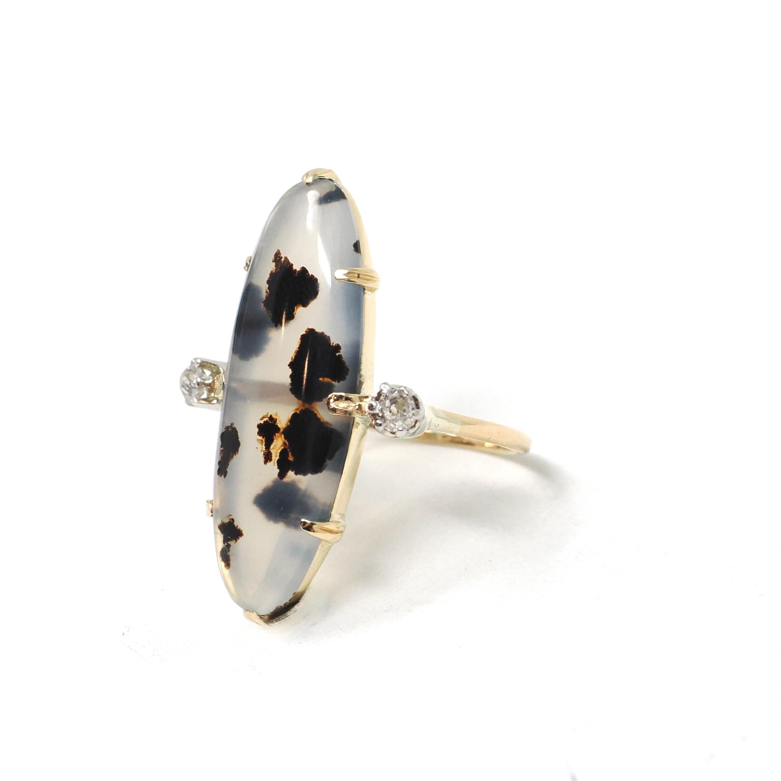 Dendritic Agate Ring - Edwardian 18k Yellow Gold & Platinum Cabochon Cut Gem- Antique Circa 1900s Era Size 6 1/2 Diamond Accent Fine Jewelry