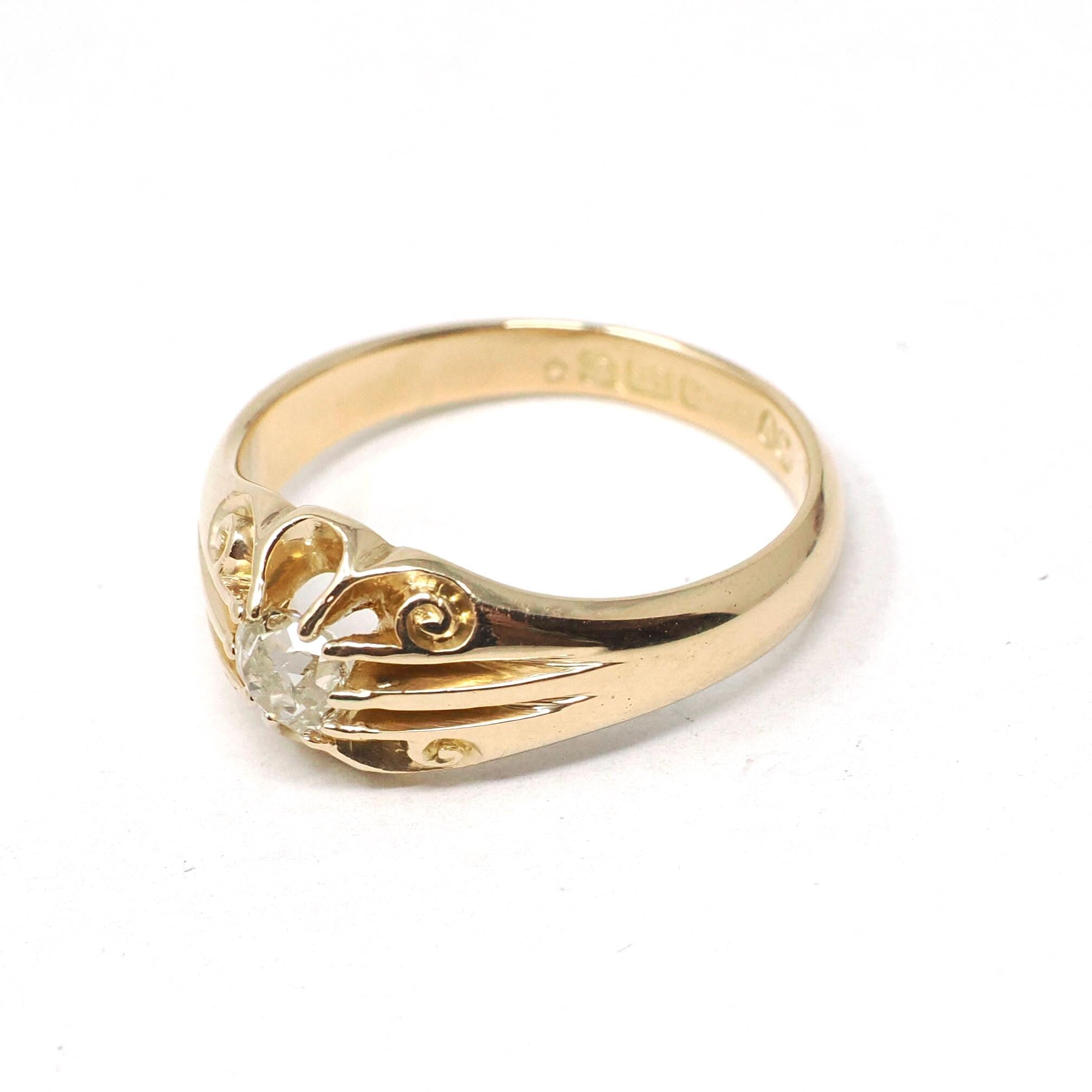Edwardian Diamond Ring - Antique 18k Yellow Gold .40 CT Men's Unisex Belcher Solitaire - Vintage 1910s Size 8 1/2 Fine Engagement Jewelry