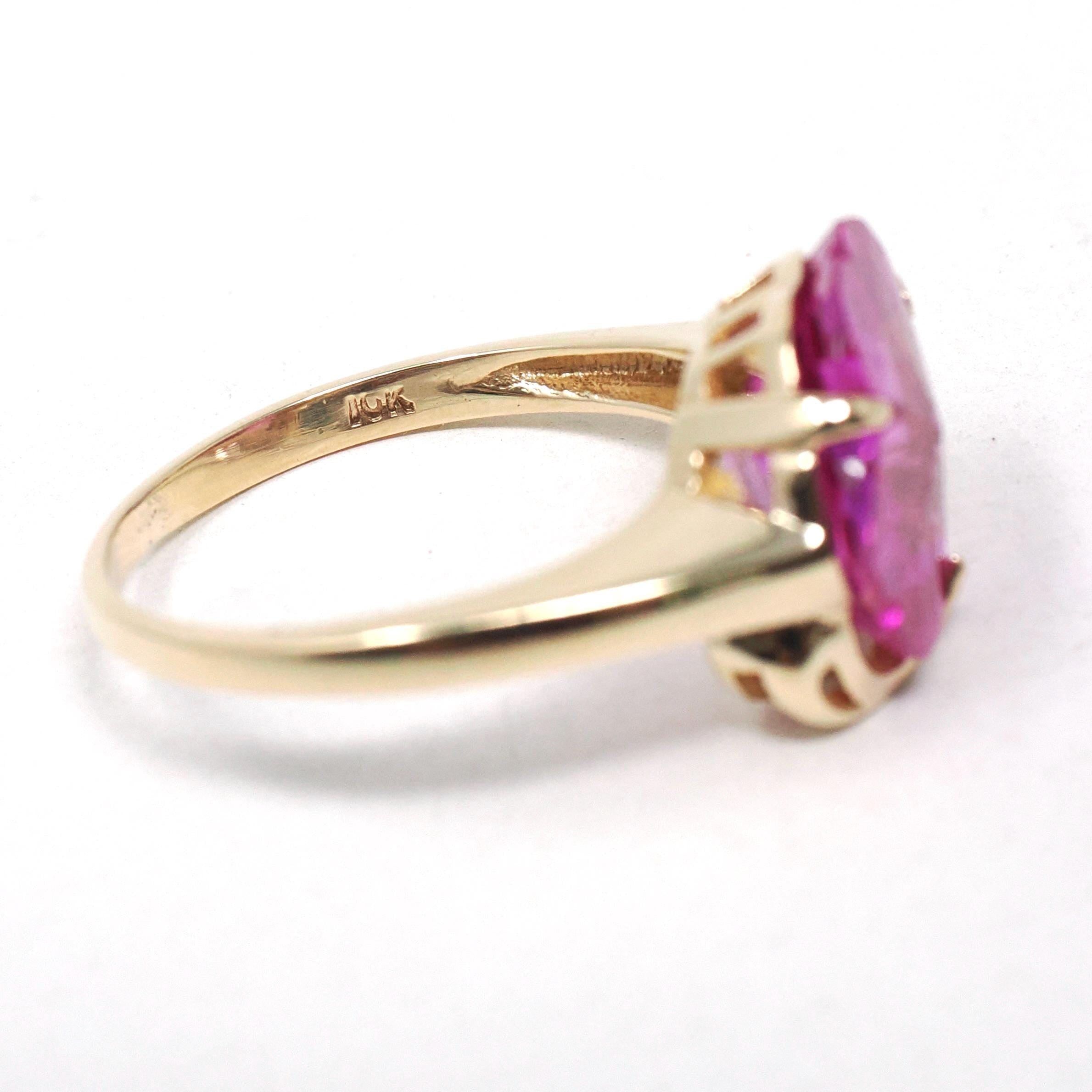 Created Pink Sapphire Ring - Retro 10k Yellow Gold Fancy Cut Flower Stone - Vintage Circa 1940s Era Size 8 1/2 Statement Fine 40s Jewelry