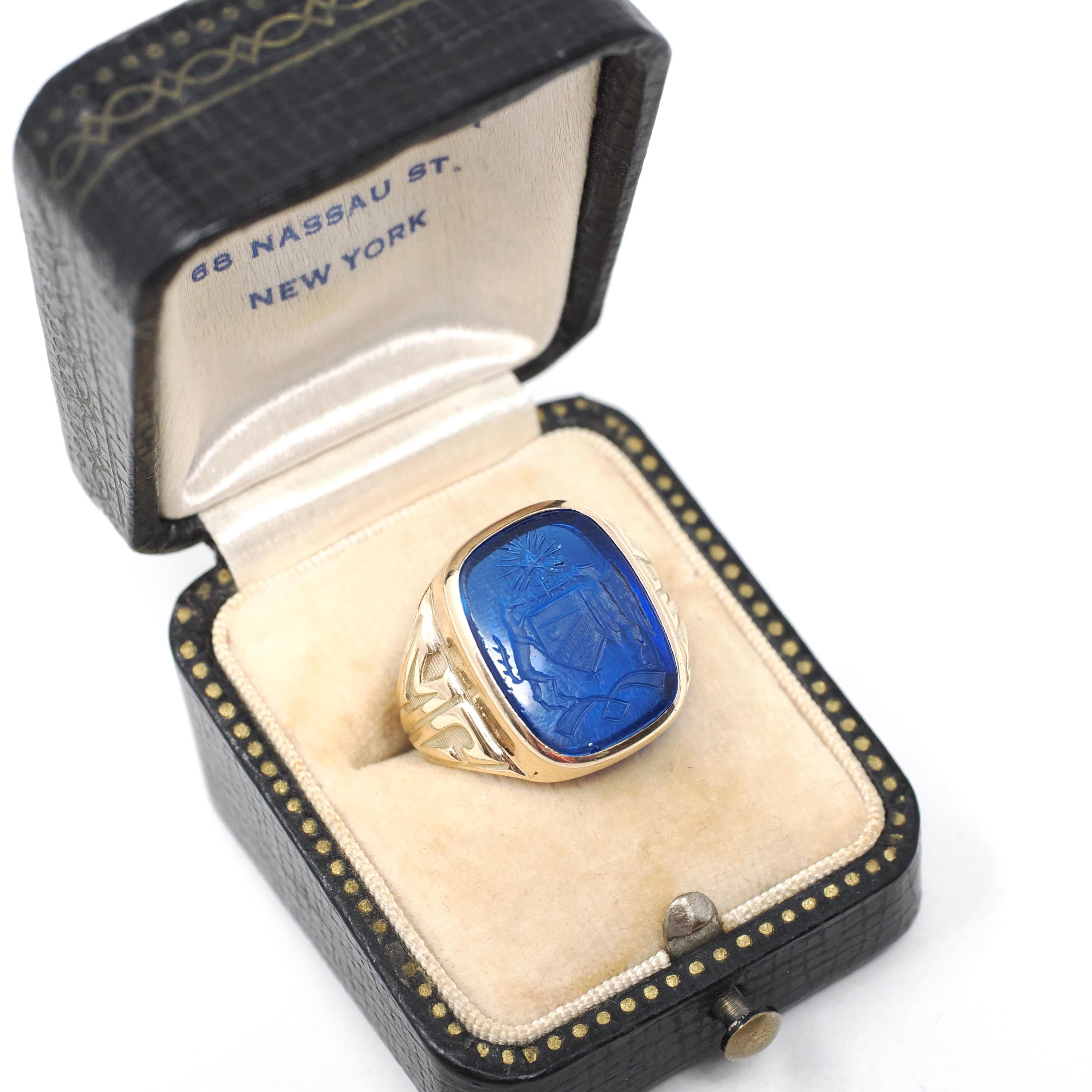 Created Spinel Intaglio Ring - Mid Century 10k Yellow Gold Carved Blue Coat Of Arms Gemstone Signet - Dated 1956 Size 7 Fine Lineage Jewelry