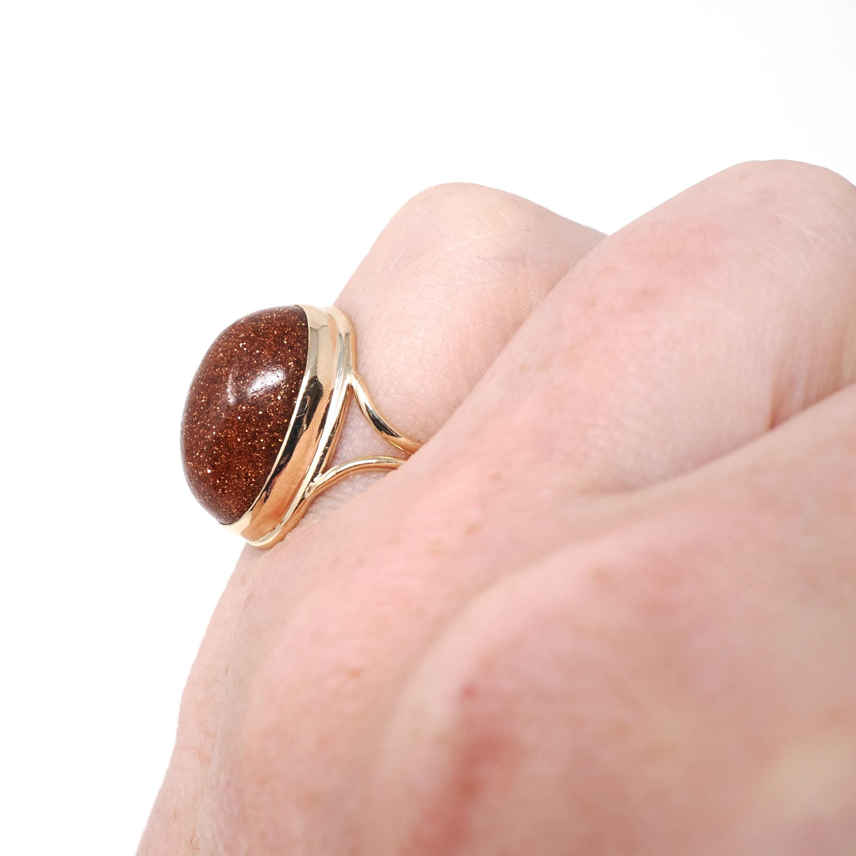 Vintage Goldstone Ring - Mid Century 10k Yellow Gold Glittery Brown Aventurine Glass - Circa 1940s Era Size 4 1/4 Cabochon Cut Fine Jewelry