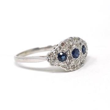 Mid Century Cluster Ring - Vintage 14k White Gold Natural Blue Sapphire & Diamond Princess Style - Circa 1950s Era Size 10 1/2 Fine Jewelry
