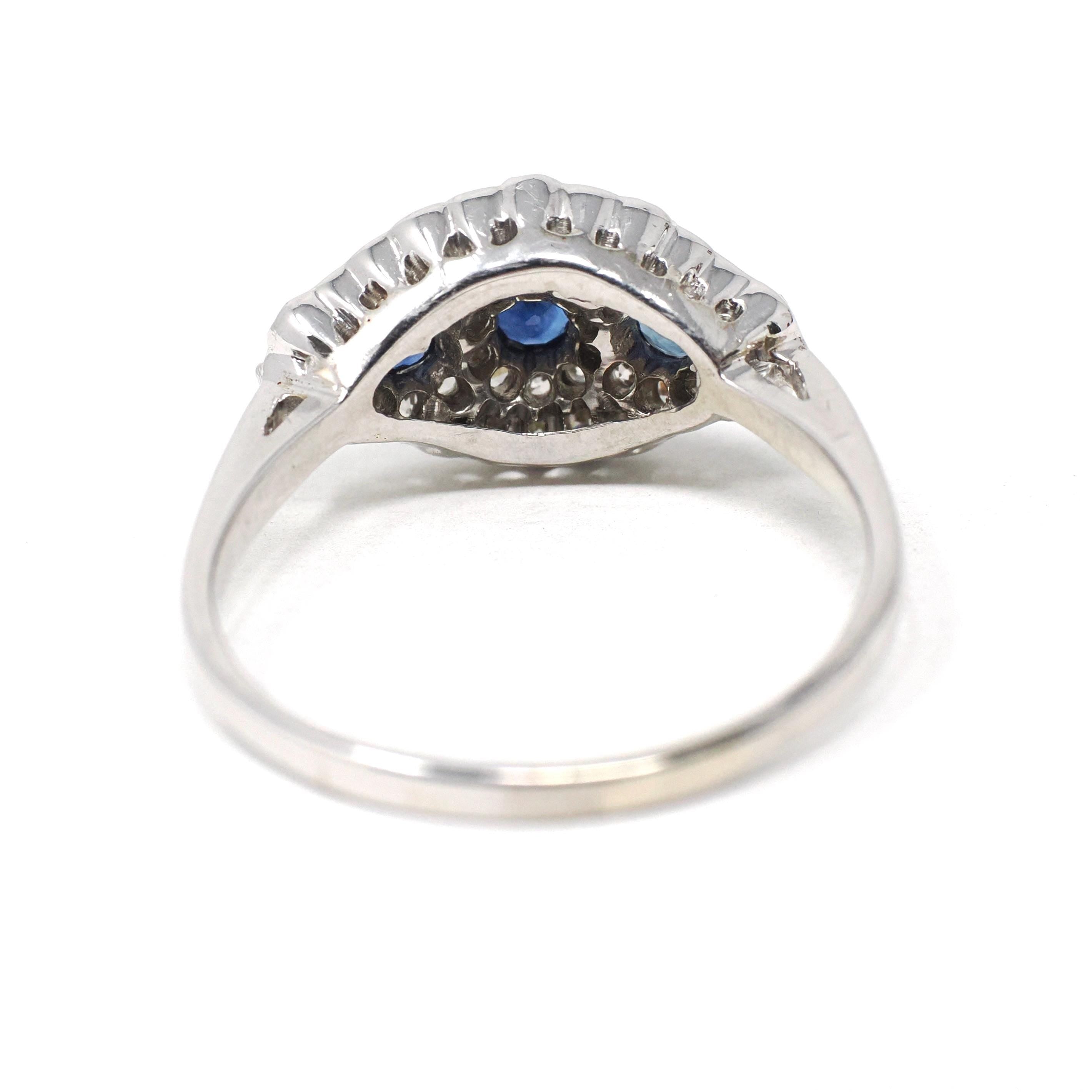 Mid Century Cluster Ring - Vintage 14k White Gold Natural Blue Sapphire & Diamond Princess Style - Circa 1950s Era Size 10 1/2 Fine Jewelry
