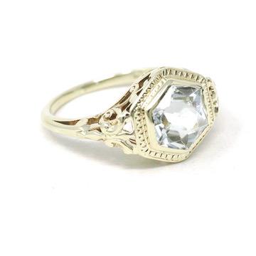 Aquamarine Filigree Ring - Art Deco 14k Yellow Gold Hexagon Cut Gem - Vintage Circa 1930s Era Size 6 1/4 Engagement March Birthstone Jewelry