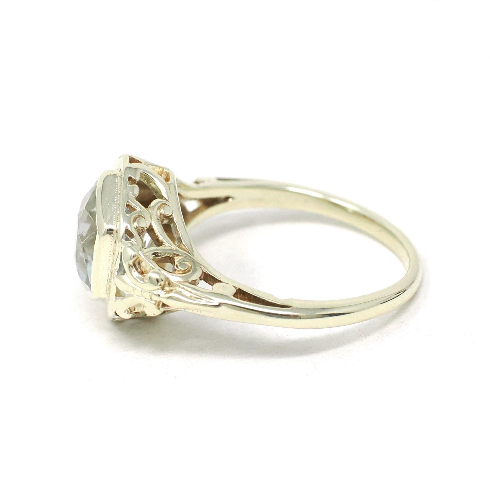 Aquamarine Filigree Ring - Art Deco 14k Yellow Gold Hexagon Cut Gem - Vintage Circa 1930s Era Size 6 1/4 Engagement March Birthstone Jewelry