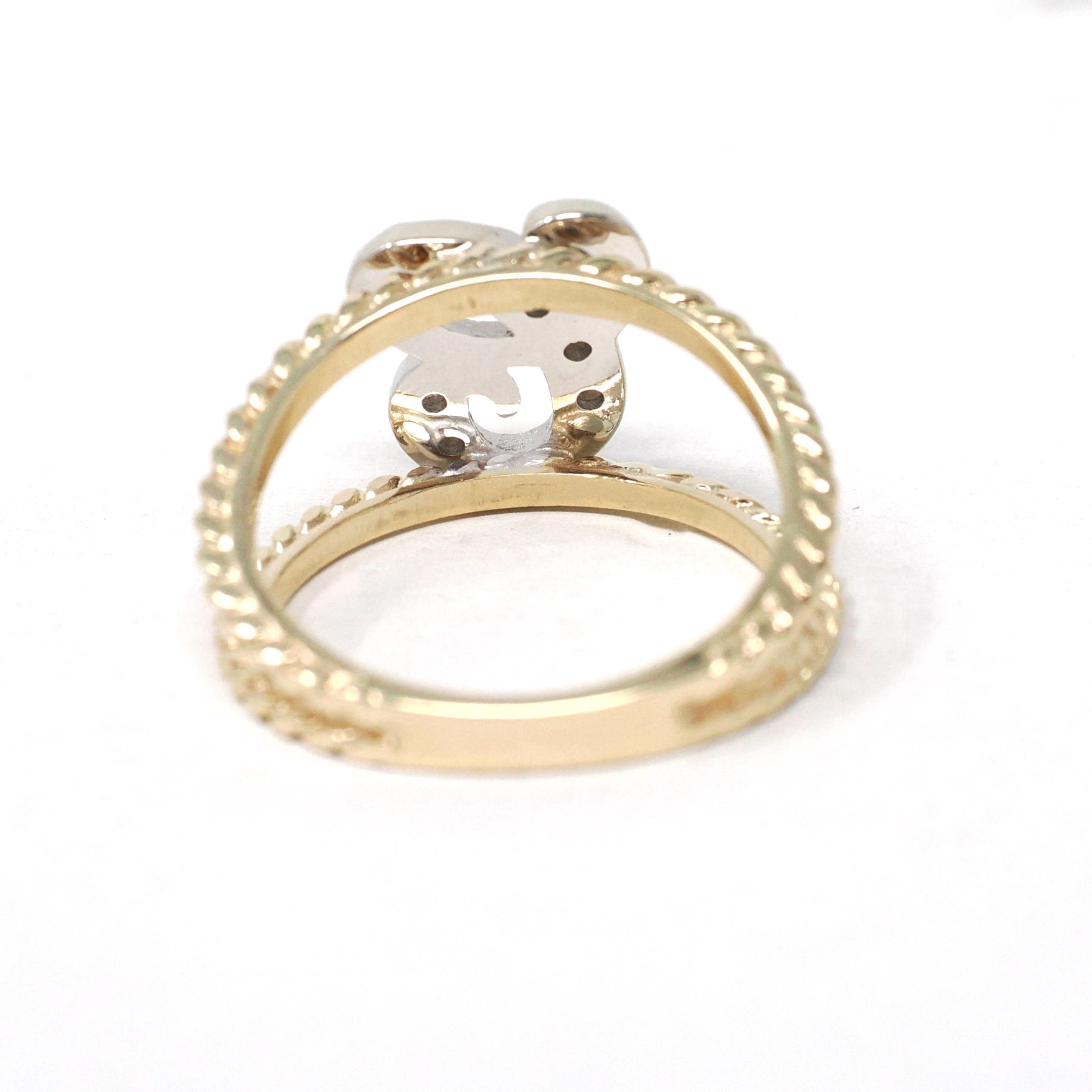 Letter "C" Ring - Estate 14k Yellow & White Gold Initial Monogram Diamonds - Modern Circa 1990s Era Size 5 Statement Twisted Design Jewelry