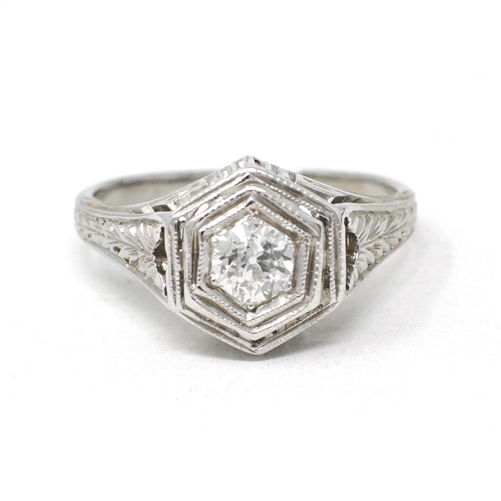 Vintage Diamond Ring - Art Deco 18k White Gold Natural .30 CT Solitaire Engagement - Circa 1930s Size 4 3/4 Hexagonal Filigree Fine Jewelry