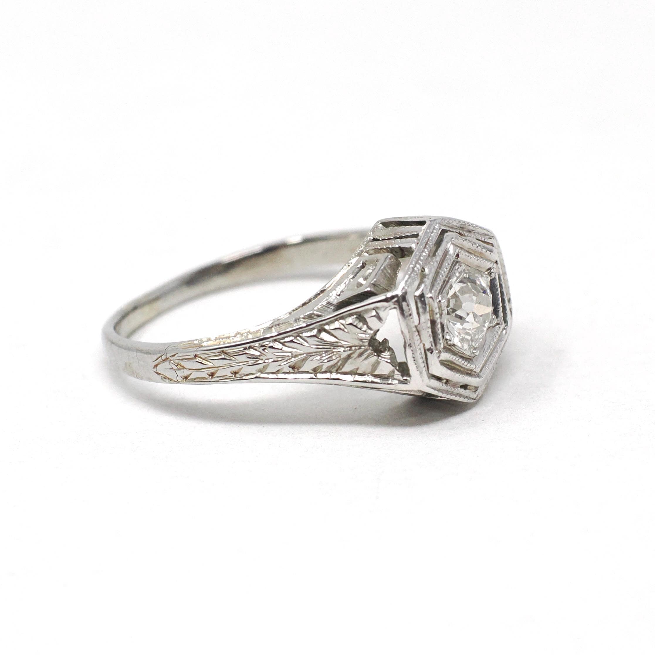 Vintage Diamond Ring - Art Deco 18k White Gold Natural .30 CT Solitaire Engagement - Circa 1930s Size 4 3/4 Hexagonal Filigree Fine Jewelry