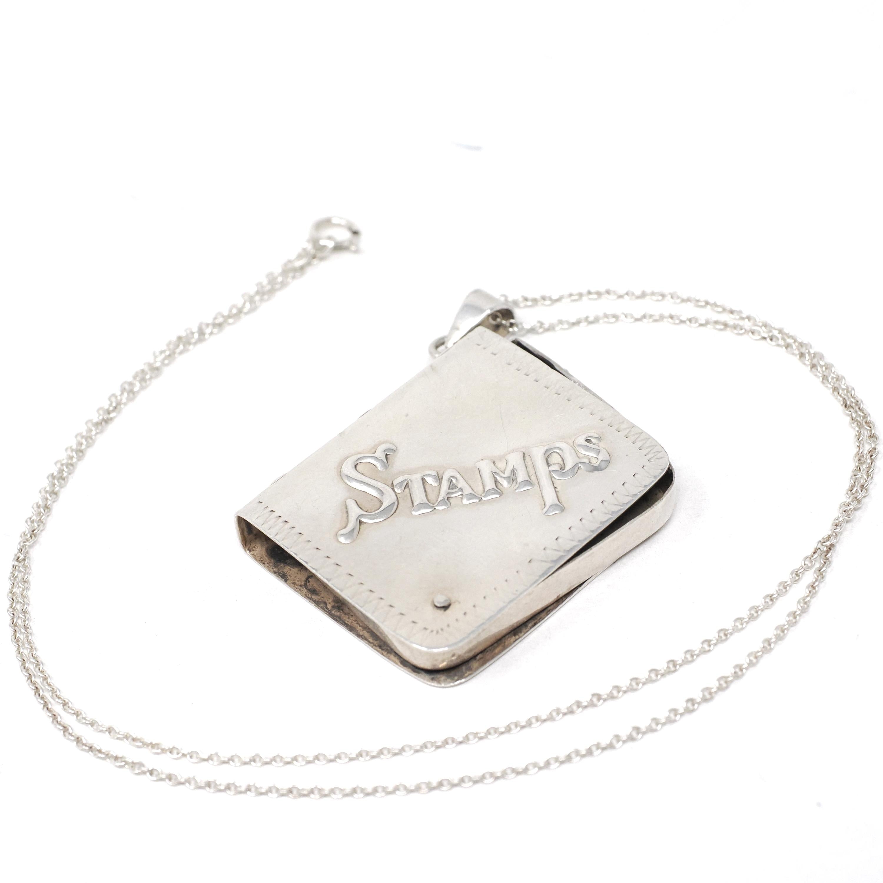 Vintage Stamp Book Locket - Estate English Sterling Silver Collectors Pendant Necklace - Circa 1990s Era Square Memento Keepsake Jewelry