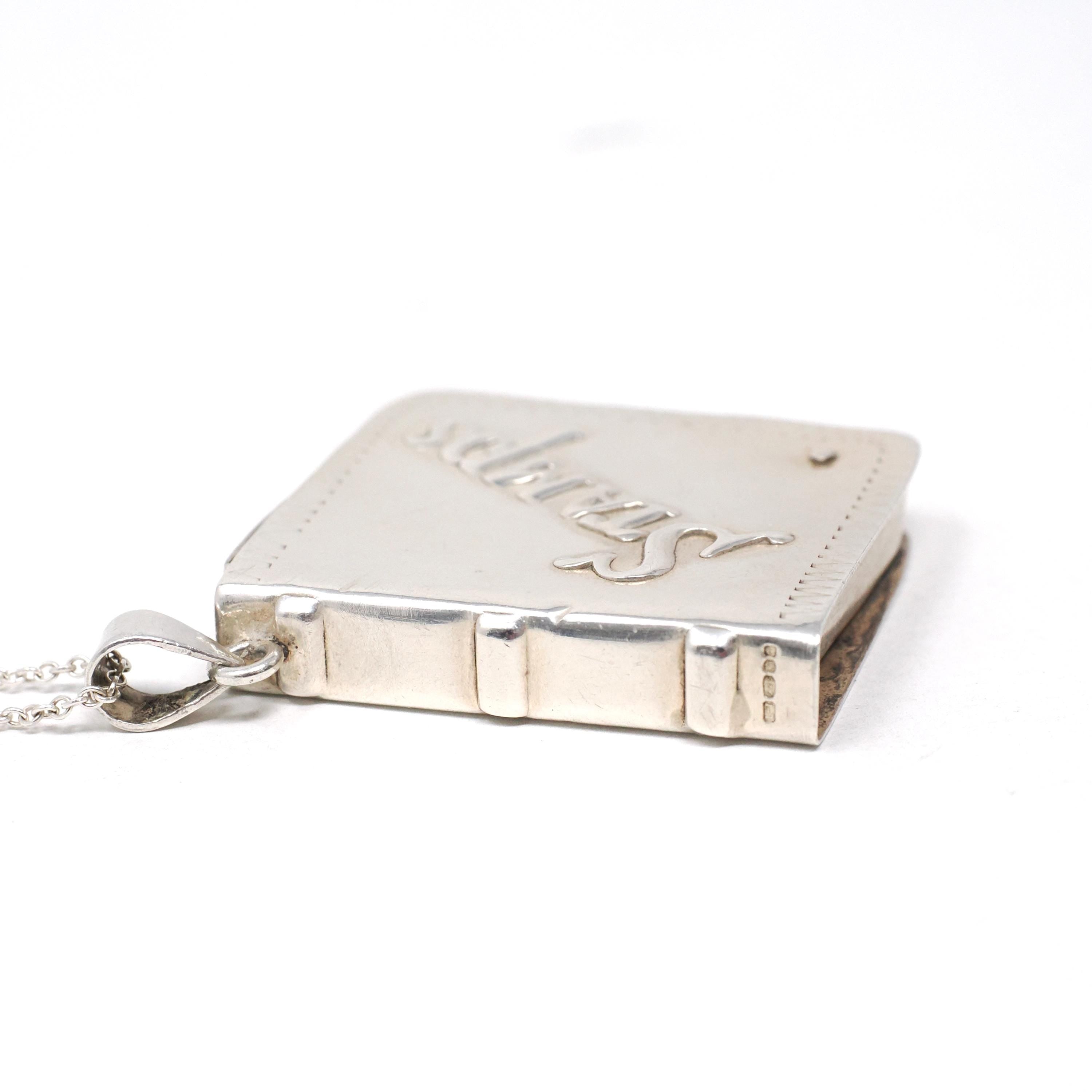 Vintage Stamp Book Locket - Estate English Sterling Silver Collectors Pendant Necklace - Circa 1990s Era Square Memento Keepsake Jewelry