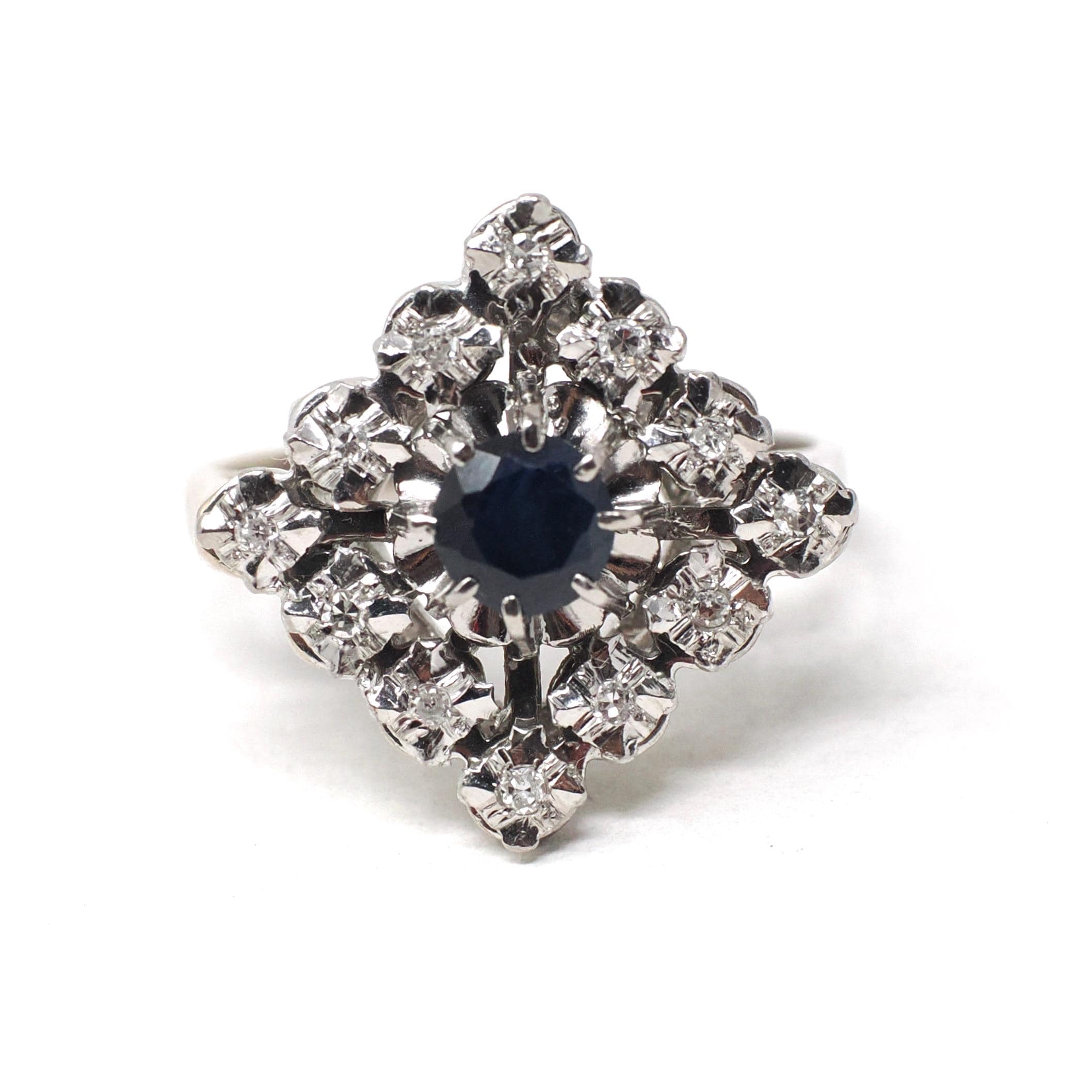 Modern Estate Cocktail Ring - 18K White Gold Natural Diamonds Blue Sapphires Square Halo - Circa 2000 Size 5 Illusion Fine Jewelry