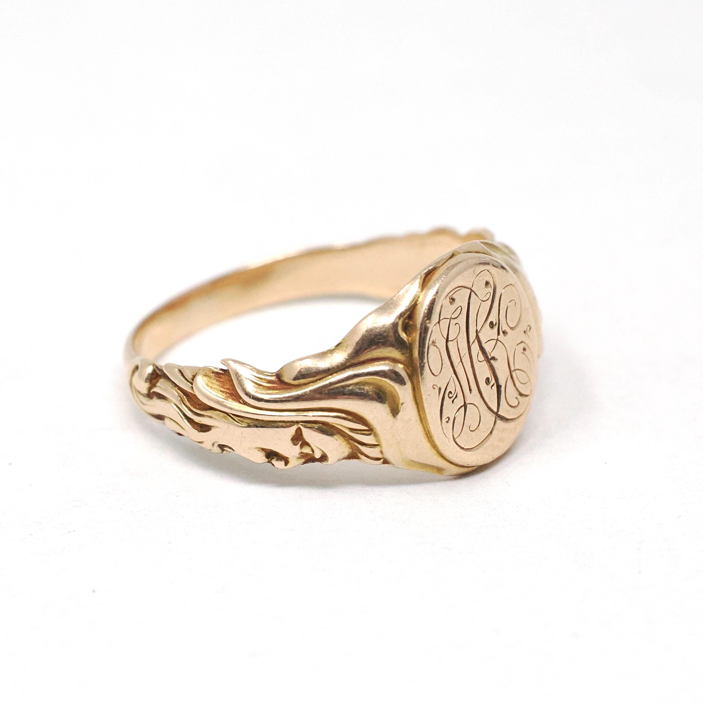 Art Nouveau Signet Ring - Antique 10k Yellow Gold Engraved Script Initials - Vintage Edwardian Early 1900s Size 7 Bearded Man Fine Jewelry