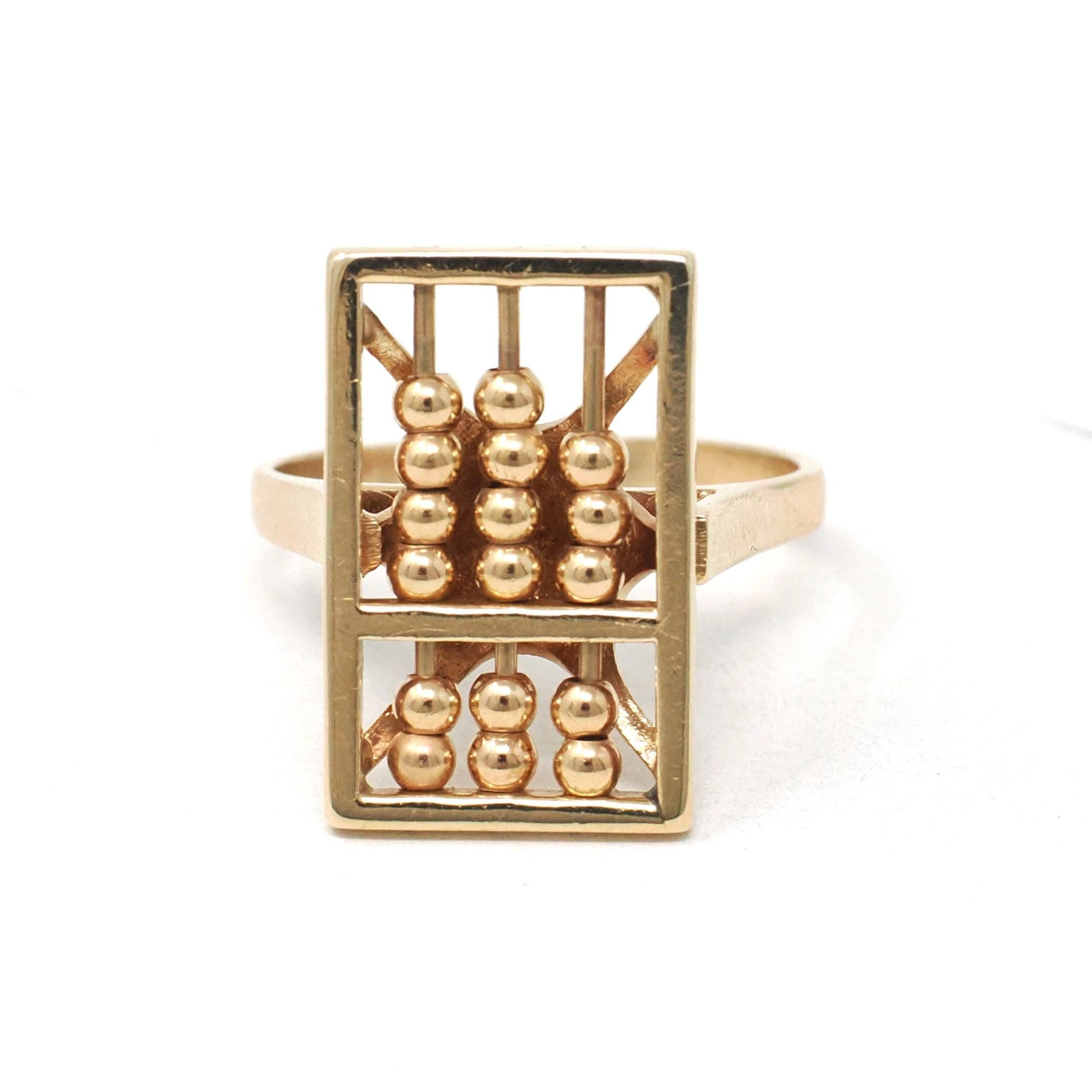 Vintage Abacus Ring - Retro 14k Yellow Gold Articulated Ancient Calculator - Circa 1960s Era Size 7 Educator Teacher Statement Fine Jewelry