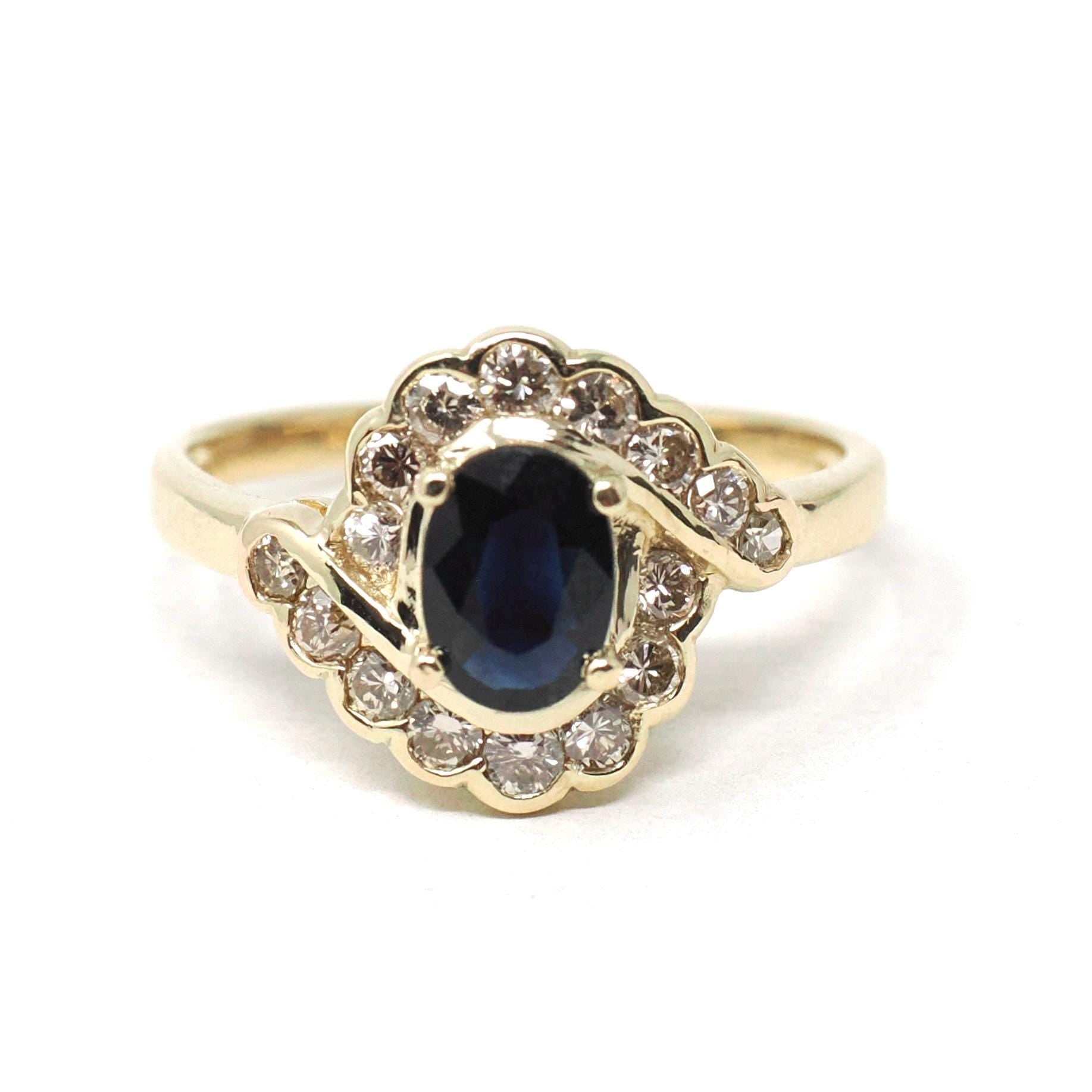 Sapphire & Diamond Halo Ring - Estate 14k Yellow Gold Oval Floral Cluster - Modern Circa 2000s Era Size 7 1/2 Engagement Fine Bridal Jewelry
