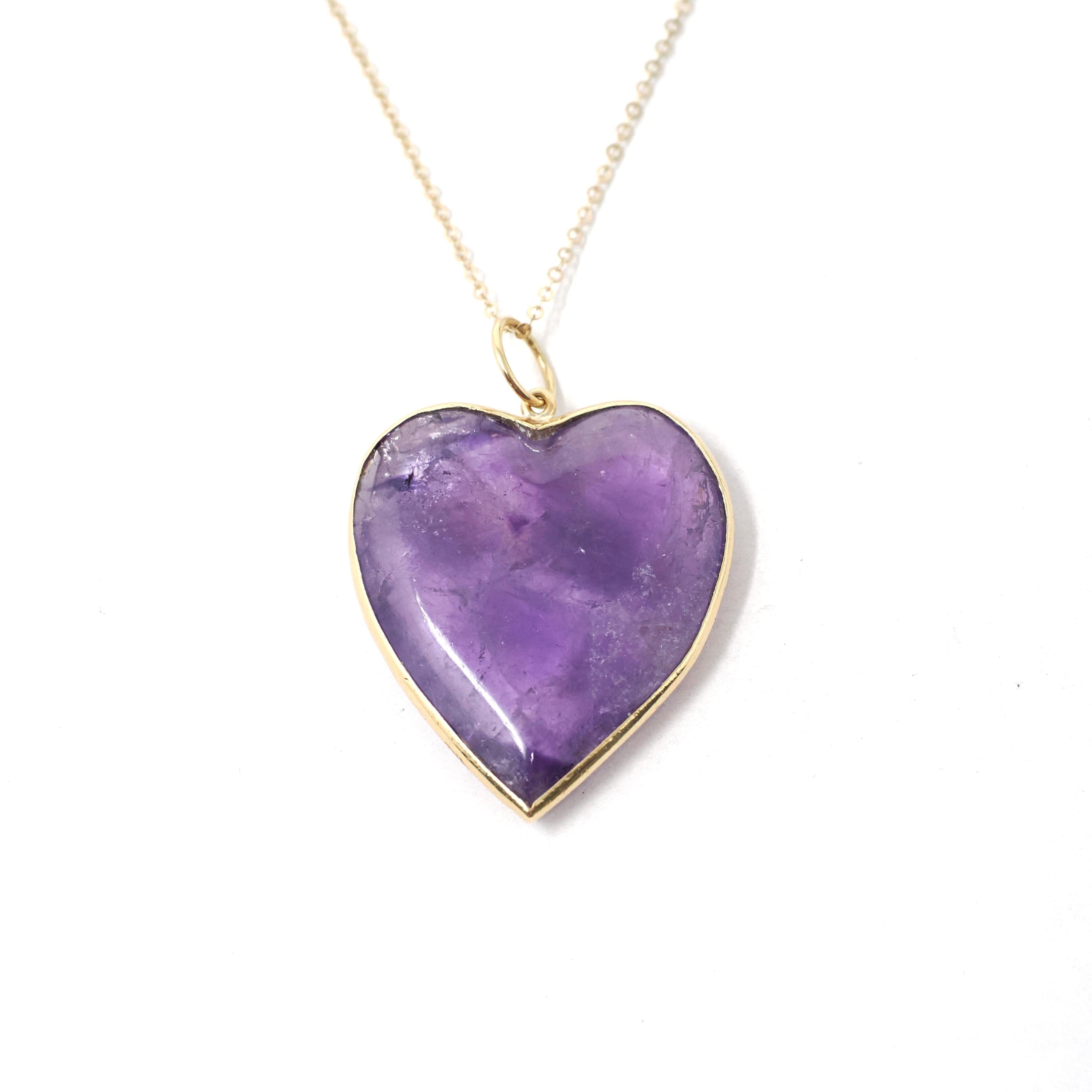 Amethyst Heart Necklace - Modern Estate 18k Yellow Gold Bezel Natural Gemstone Pendant Charm - Circa 2000s Fine February Birthstone Jewelry