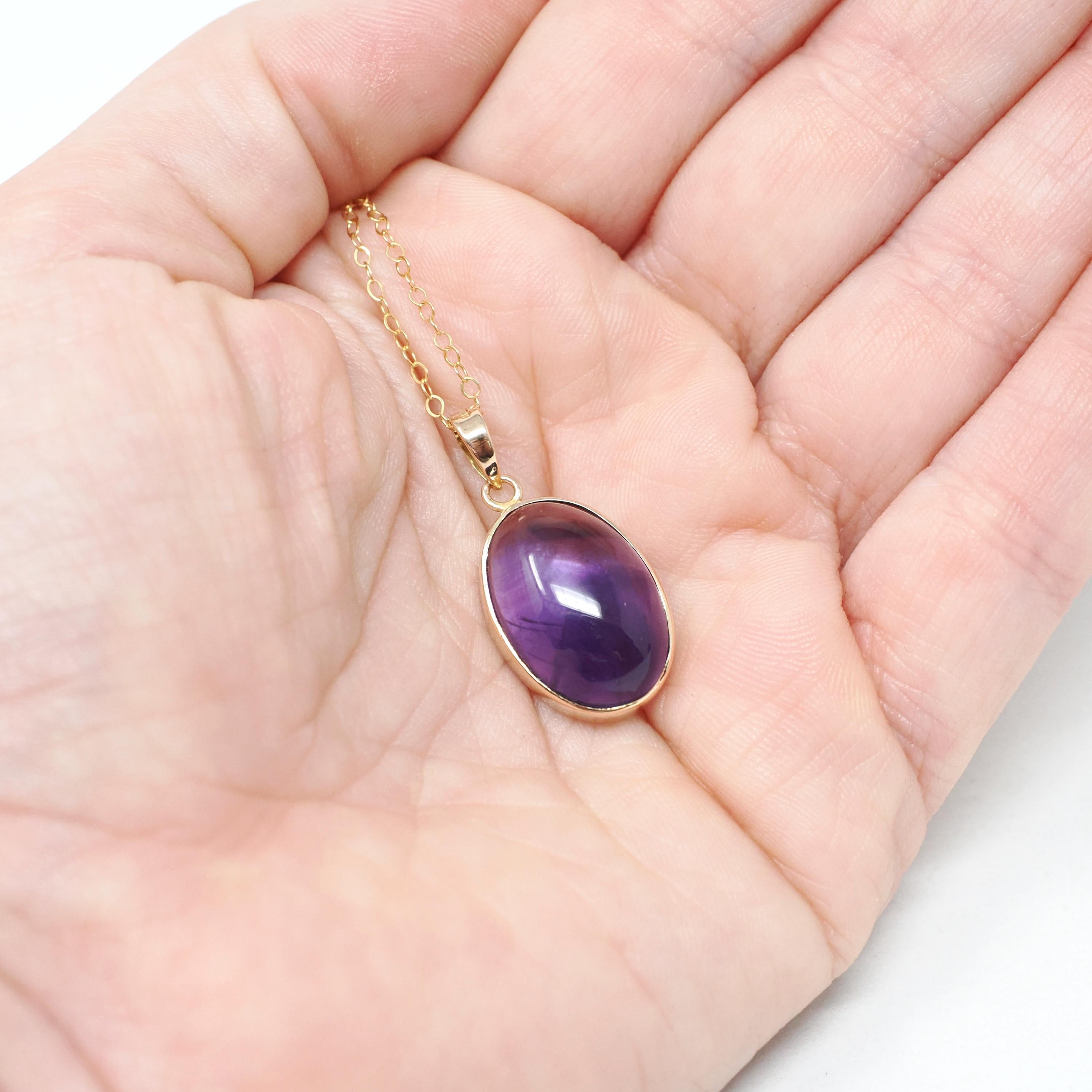 Amethyst Charm Necklace - Modern Estate 14k Yellow Gold Bezel Natural Gemstone Pendant Charm - Circa 2000s Fine February Birthstone Jewelry