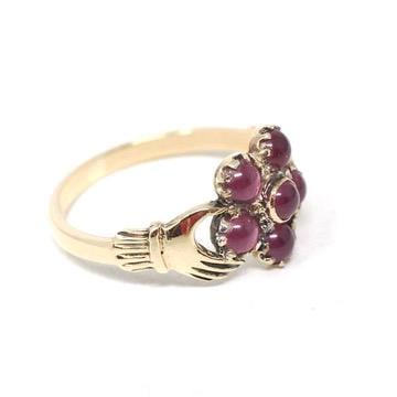 Hand Bypass Ring - Modern 9k Yellow Gold .18 TW Red Garnet Flower Halo - Estate Circa 2000s Size 6 Clasping Figural Flora Fine Jewelry